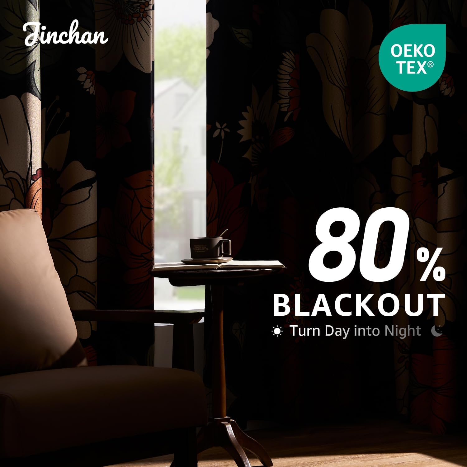 Detalle 2 de jinchan JINCHAN Curtains Floral Blackout Drapes, 80% Light Blocking, 96-Inch