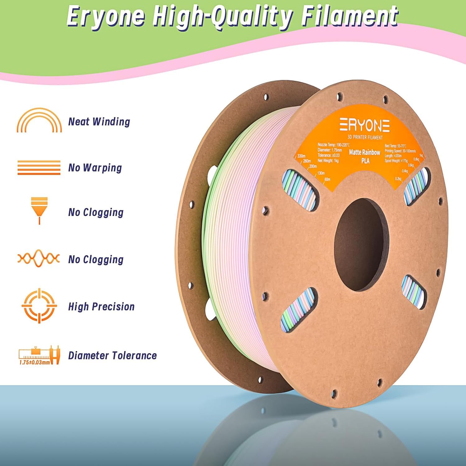 Detalle 2 de ERYONE Matte PLA Filament 1.75mm (Rainbow Watercolor, 1kg spool) for FDM 3D printing