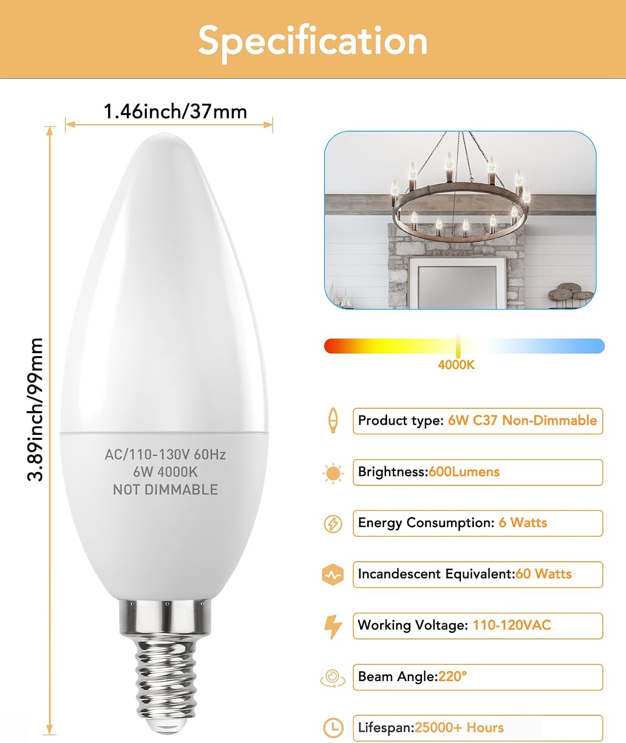 Detalle de PARTPHONER LED Candelabra Bulb 6W