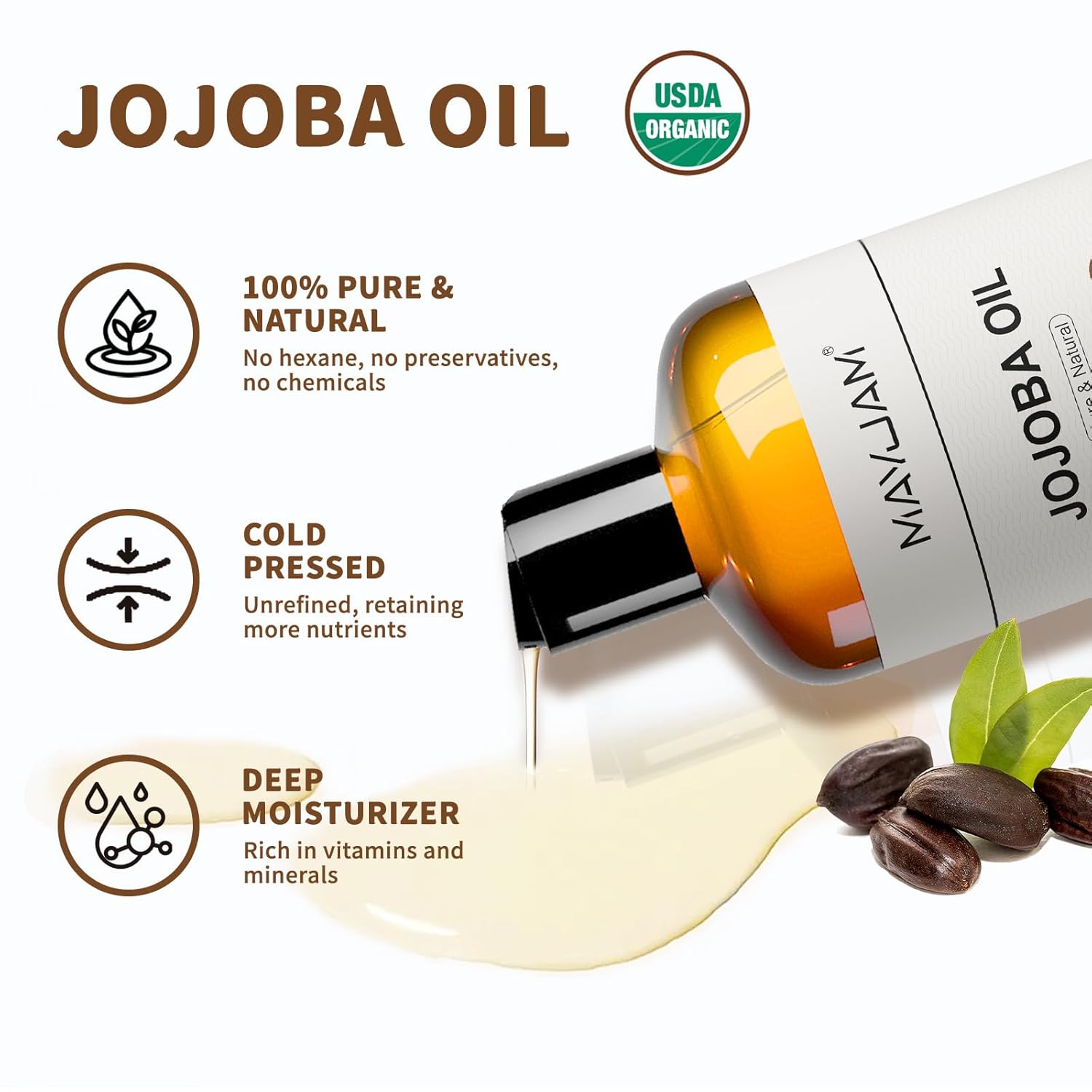 Detalle de MAYJAM Jojobaöl Bio 473 ml – Reines Jojobaöl, kaltgepresst, vielseitig für Haut, Haar und Körper