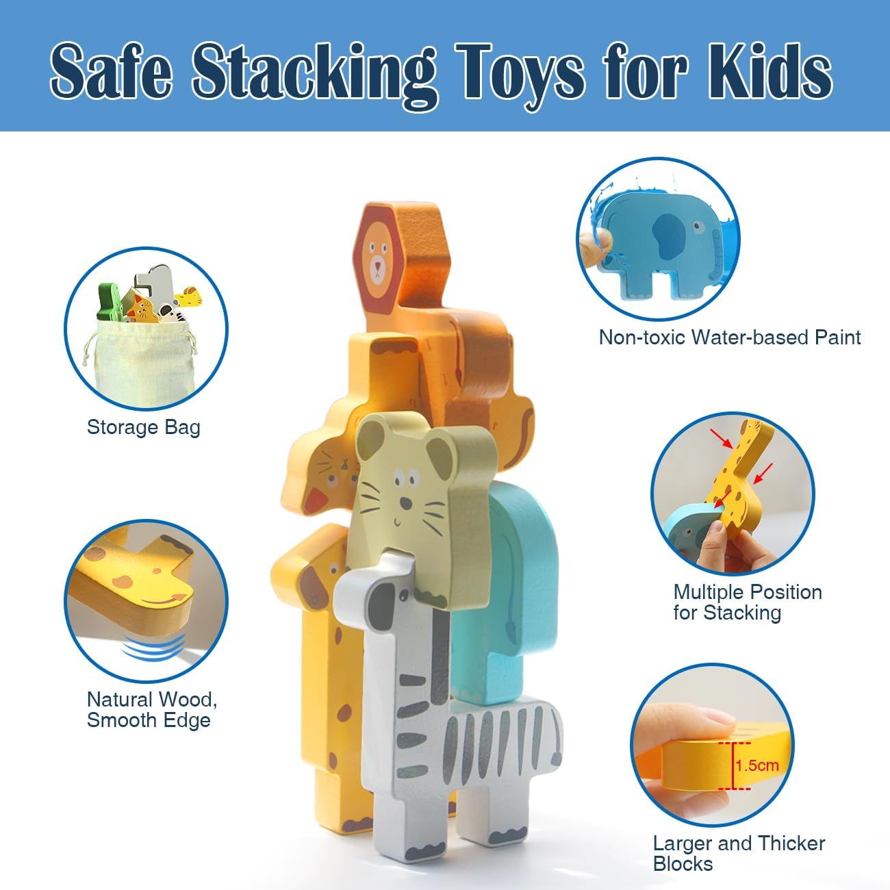 Thumbnail 4 de NINGSTEL Montessori animal wooden stacking blocks set (18+ months) with challenge cards & storage bag