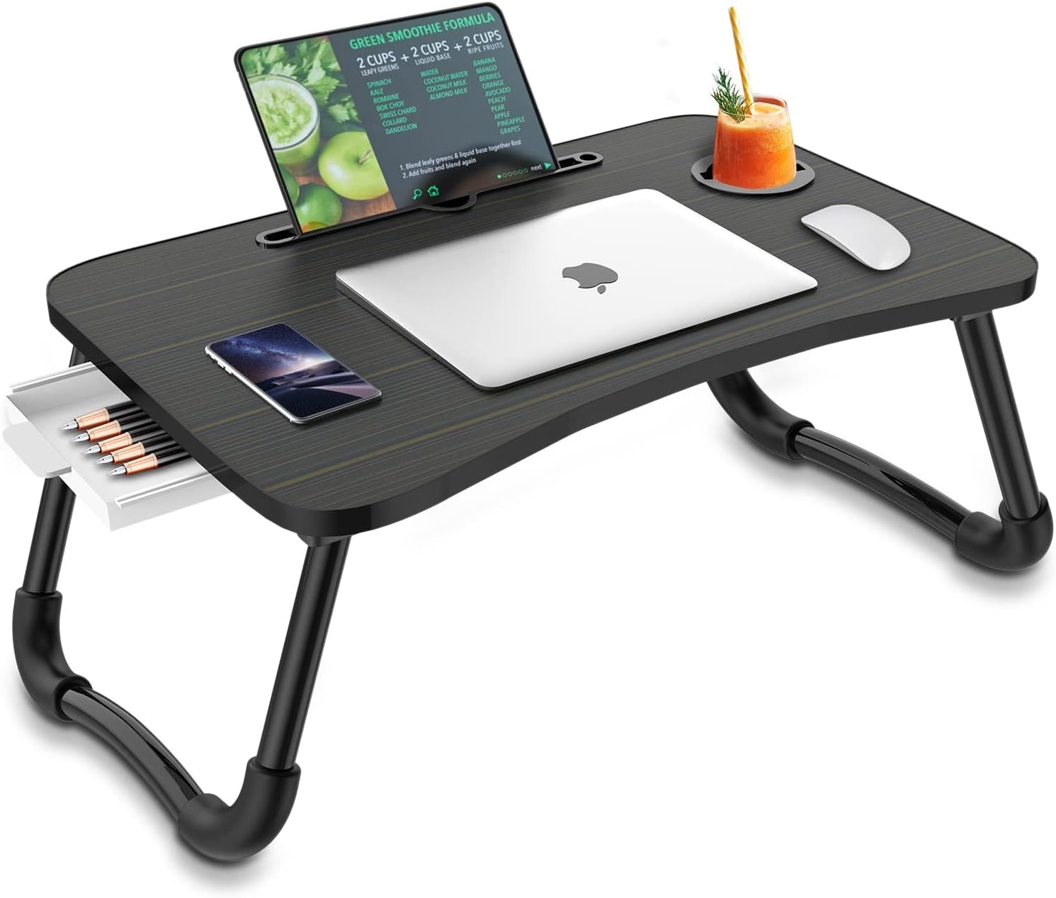 Zapuno Foldable Laptop Bed Table with Storage Drawer, Cup Holder & Phone/Tablet Slot (Arc Shape)