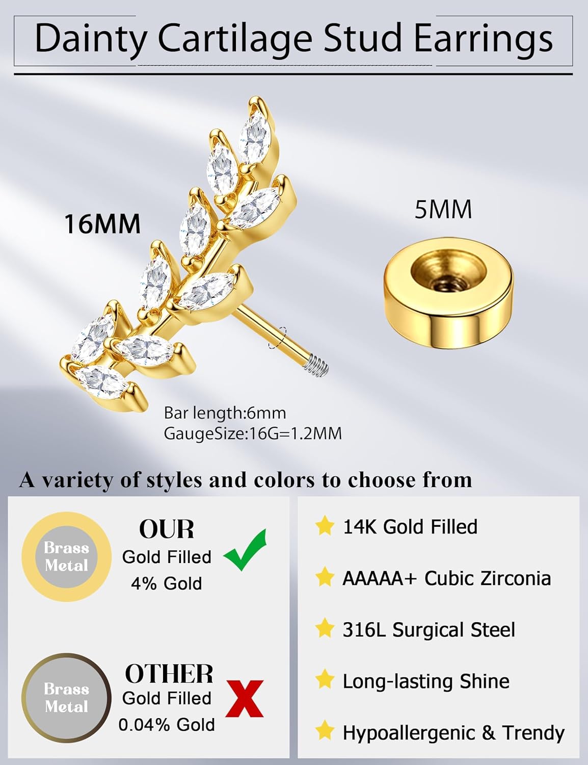 Thumbnail 3 de Morfetto Helix Piercings Chirurgenstahl Flatback 16G – Gold/Silver hypoallergene Ohrstecker für Knorpel, Tragus & Conch