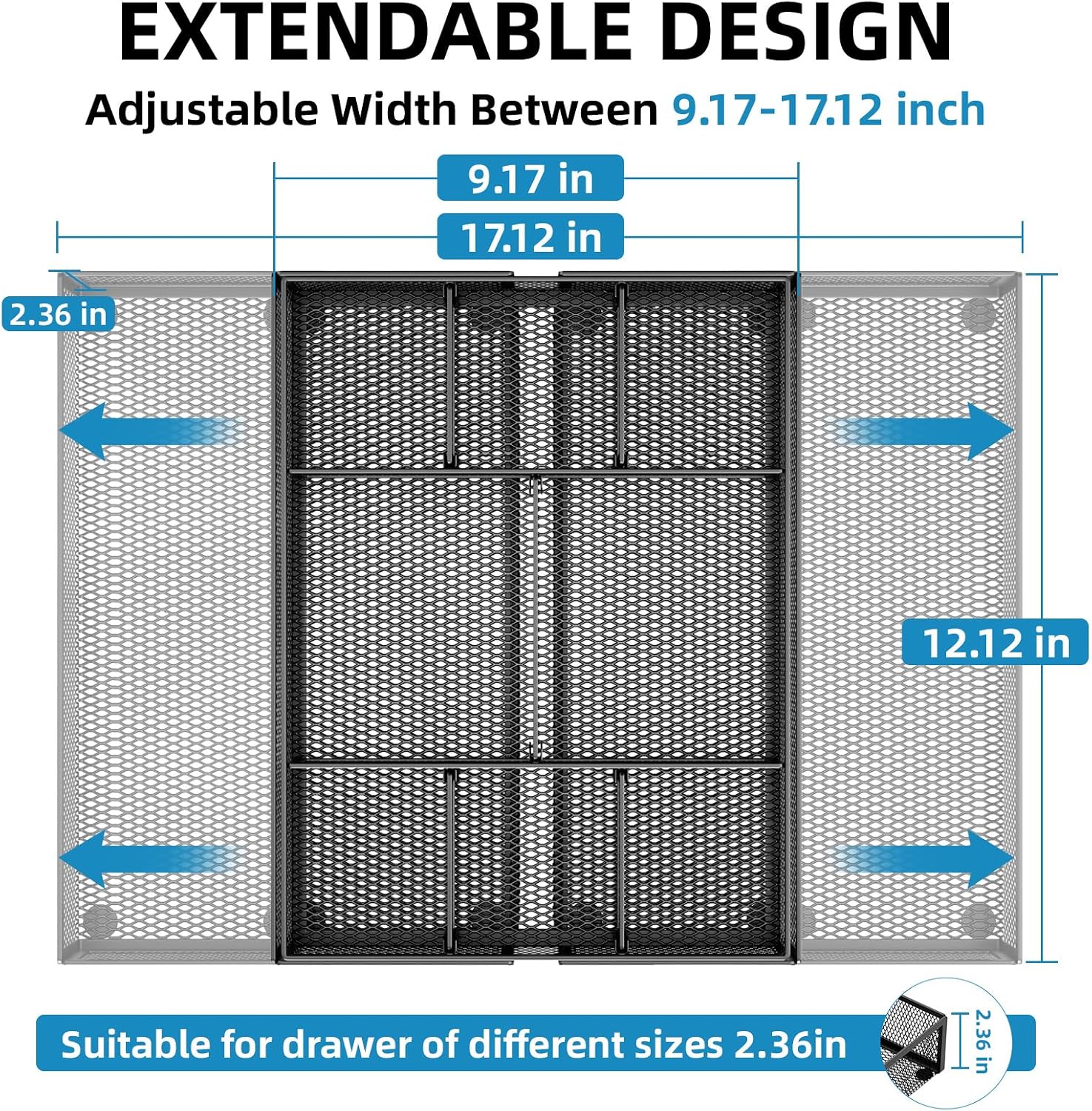 Detalle de Marbrasse Black-2P Expandable Mesh Desk Drawer Organizer, 10 Compartments