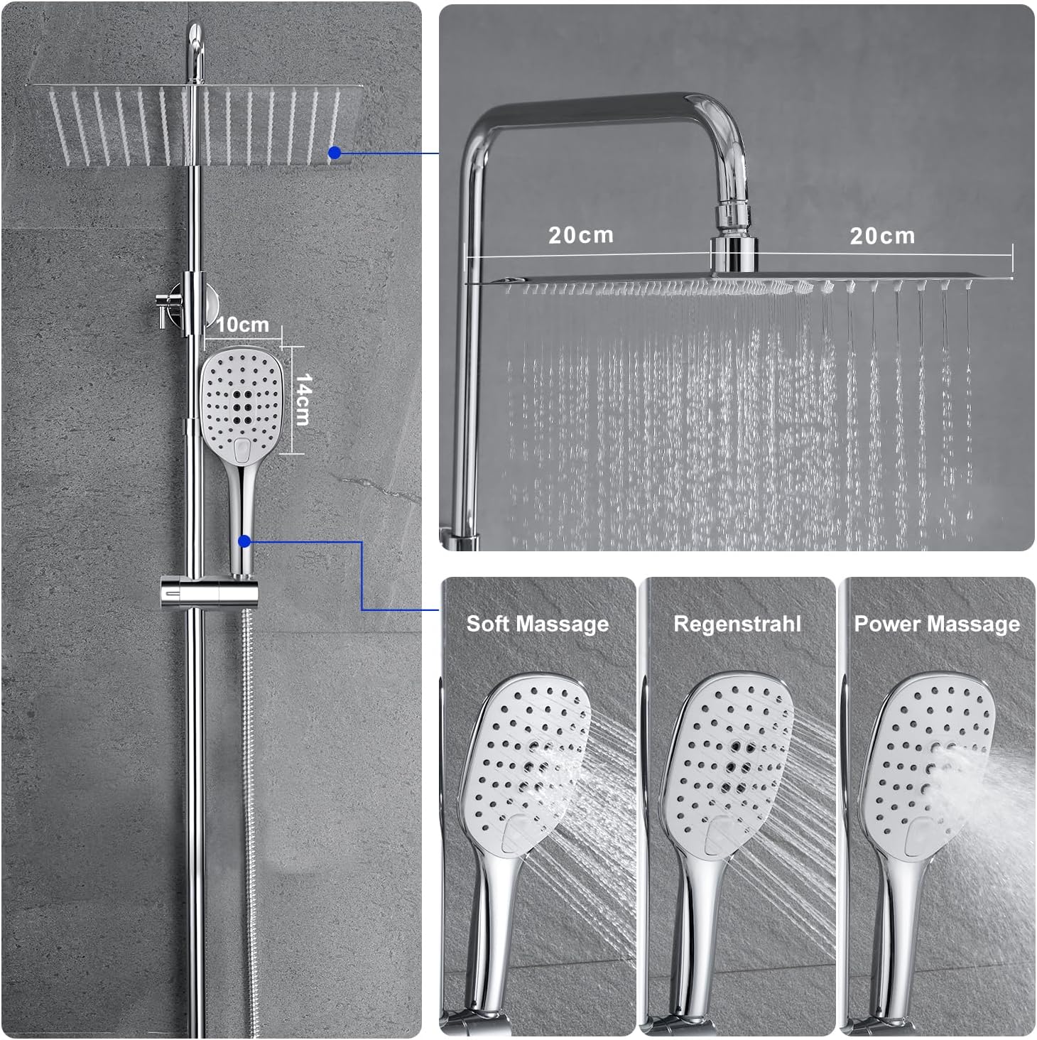 Thumbnail 2 de JOHO Duschset ohne Armatur mit 20×20 cm Regendusche, Handbrause und höhenverstellbarer Stange (Chrom/Edelstahl)