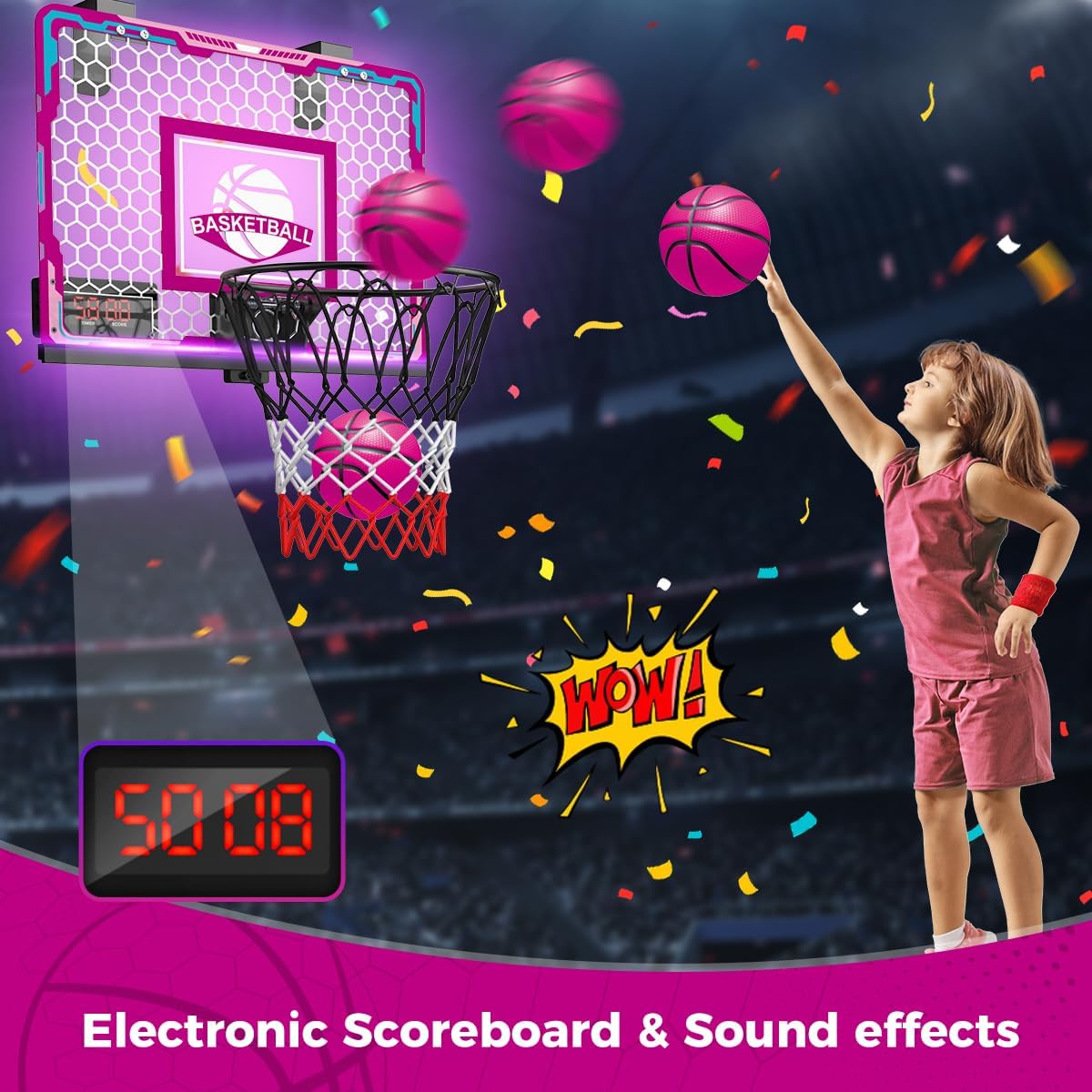 Thumbnail 1 de VATOS Cerceau de basket-ball d'intérieur pour filles avec LED et tableau d’affichage