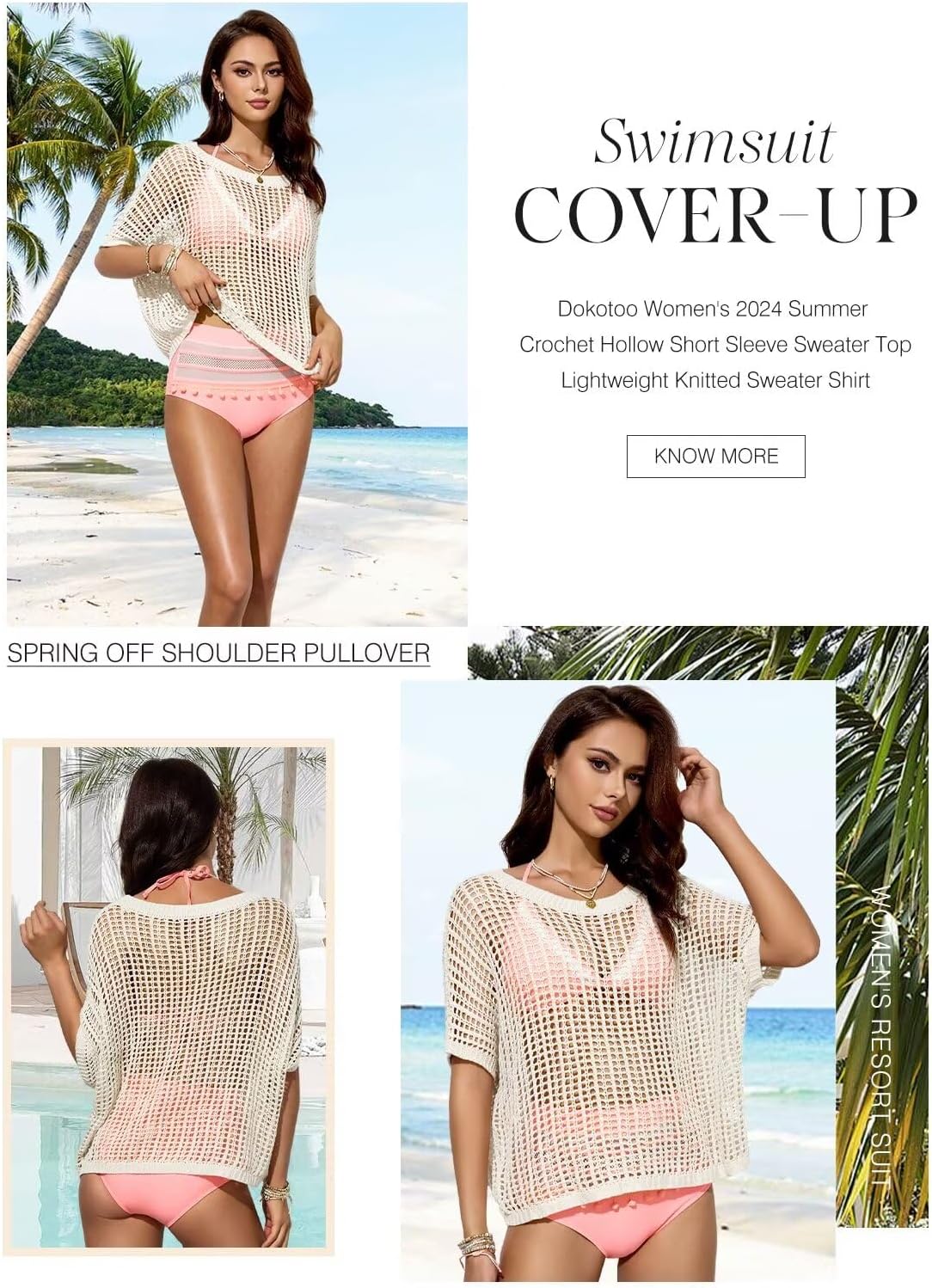 Detalle de Dokotoo Women’s Summer Scoop Neck Crochet Hollow-Out Knit Pullover (Short Sleeve Beach Coverup)