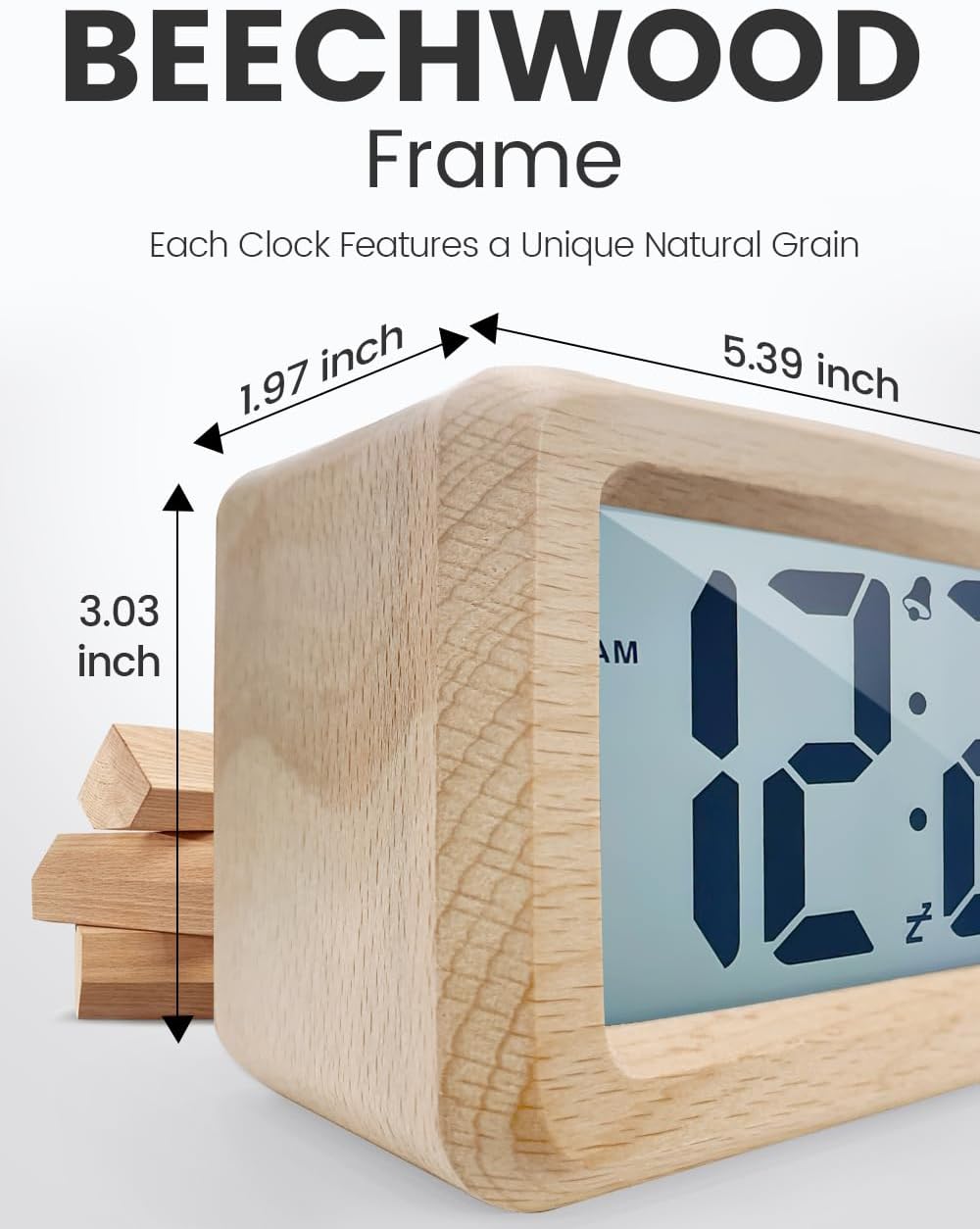 Thumbnail 1 de aboveClock Digital Alarm Clock Wooden Bedside Clock with Large Backlit LCD, Temperature & Snooze (AAA batteries needed)
