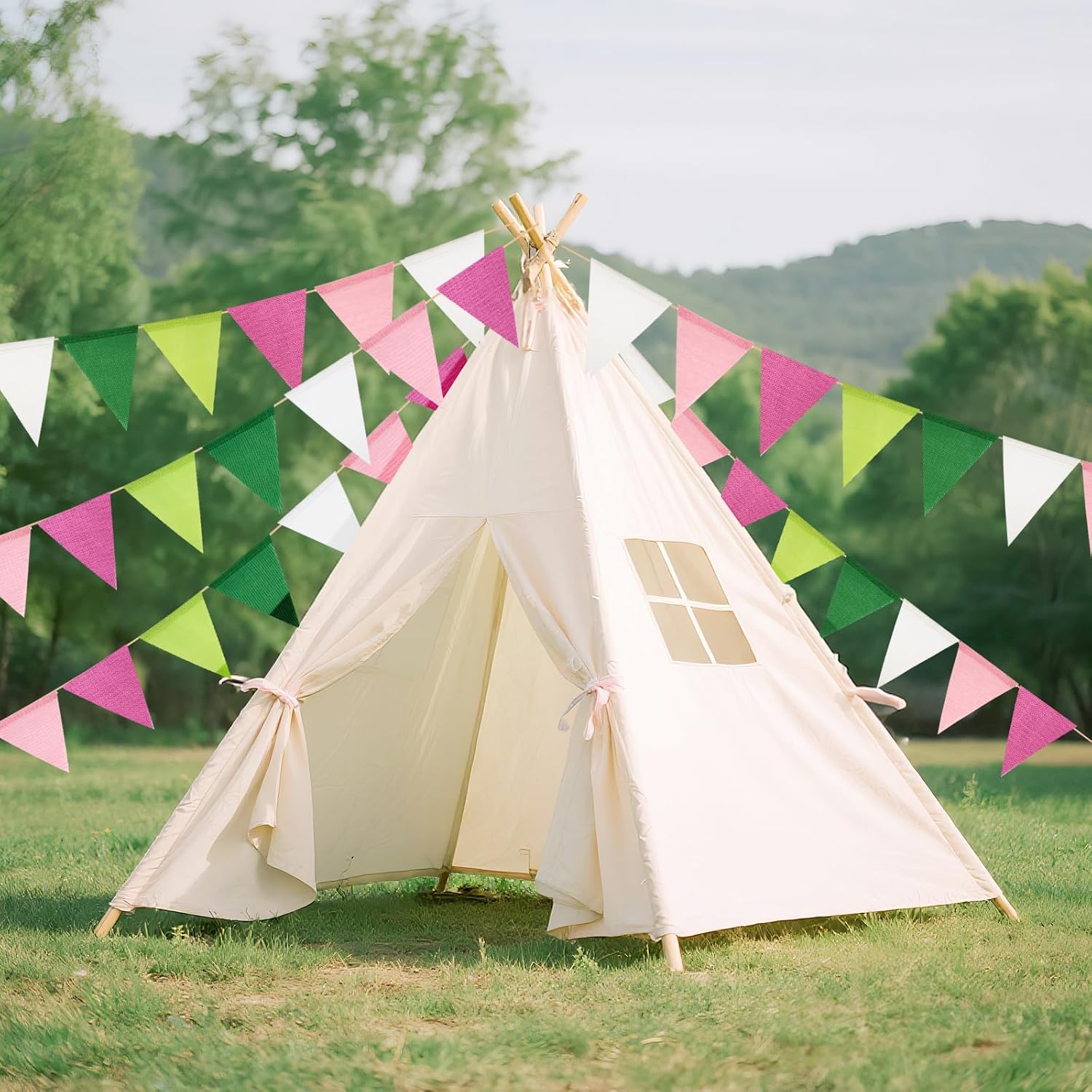 Detalle de jijAcraft Pink Green White Burlap Bunting: 60pcs Pre-strung Hessian Banner (20m) for Indoor or Outdoor Decor