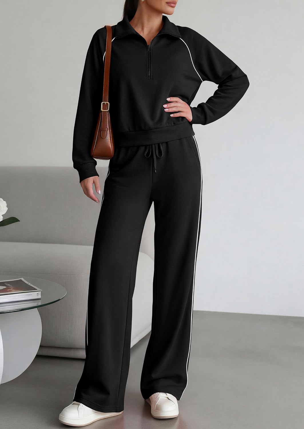 Detalle 2 de PRETTYGARDEN Women's 2 Piece Tracksuit Set: Cozy Lapel Half Zip Sweatshirt + Wide Leg Palazzo Pants