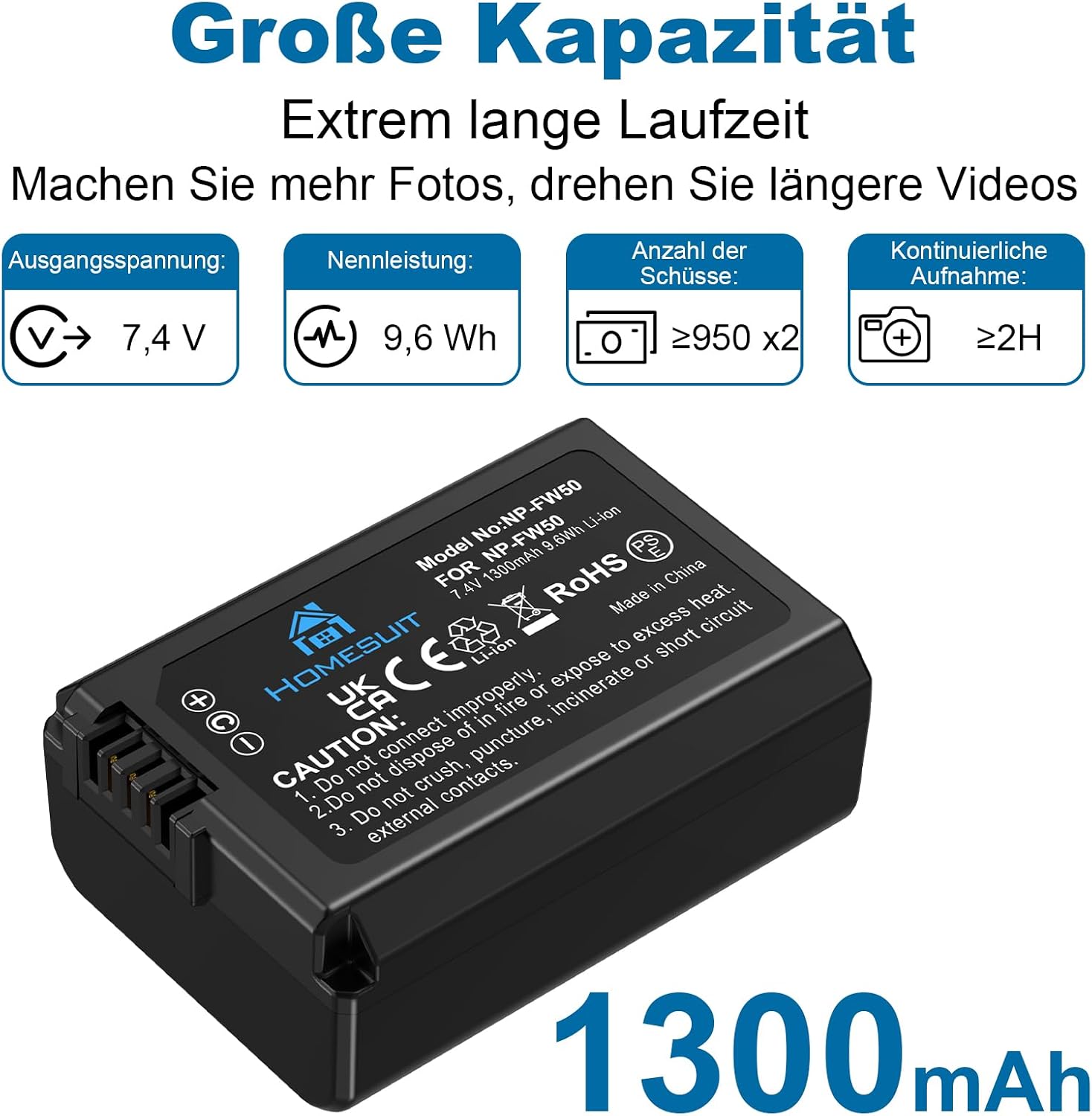Detalle de Homesuit NP-FW50 Akku-Set (2er-Pack) mit USB LCD Ladegerät – kompatibel mit Sony ZV-E10 und vielen A-, NEX- Modellen