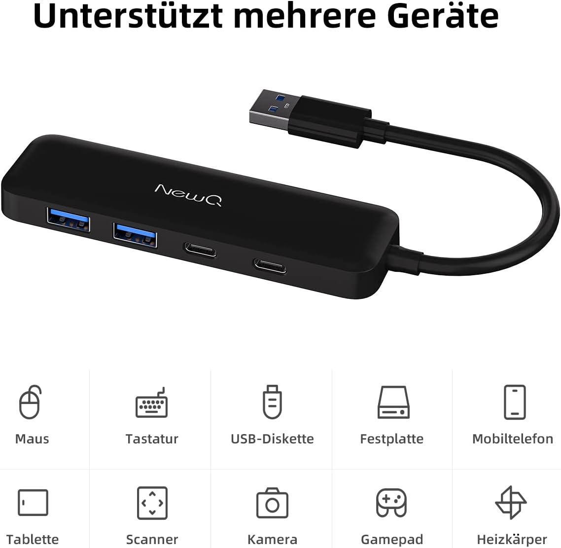Detalle de USB-C USB 3.0 Hub (U-S-B 3.0) mit 4 Ports: 2× USB-A & 2× USB-C, ultra-dünn, Plug-and-Play