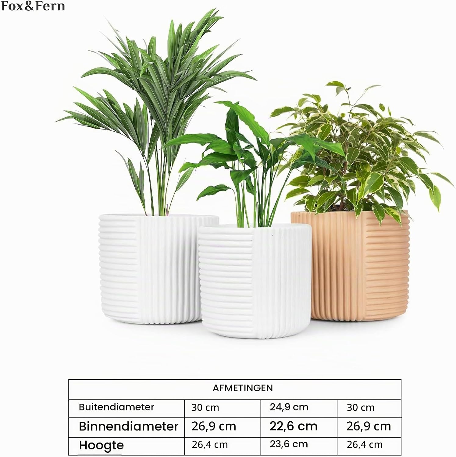 Detalle 2 de Fox & Fern PP-ROUND-POLY-L-MW bloempot, zandkleur met lijnstructuur en afvoer