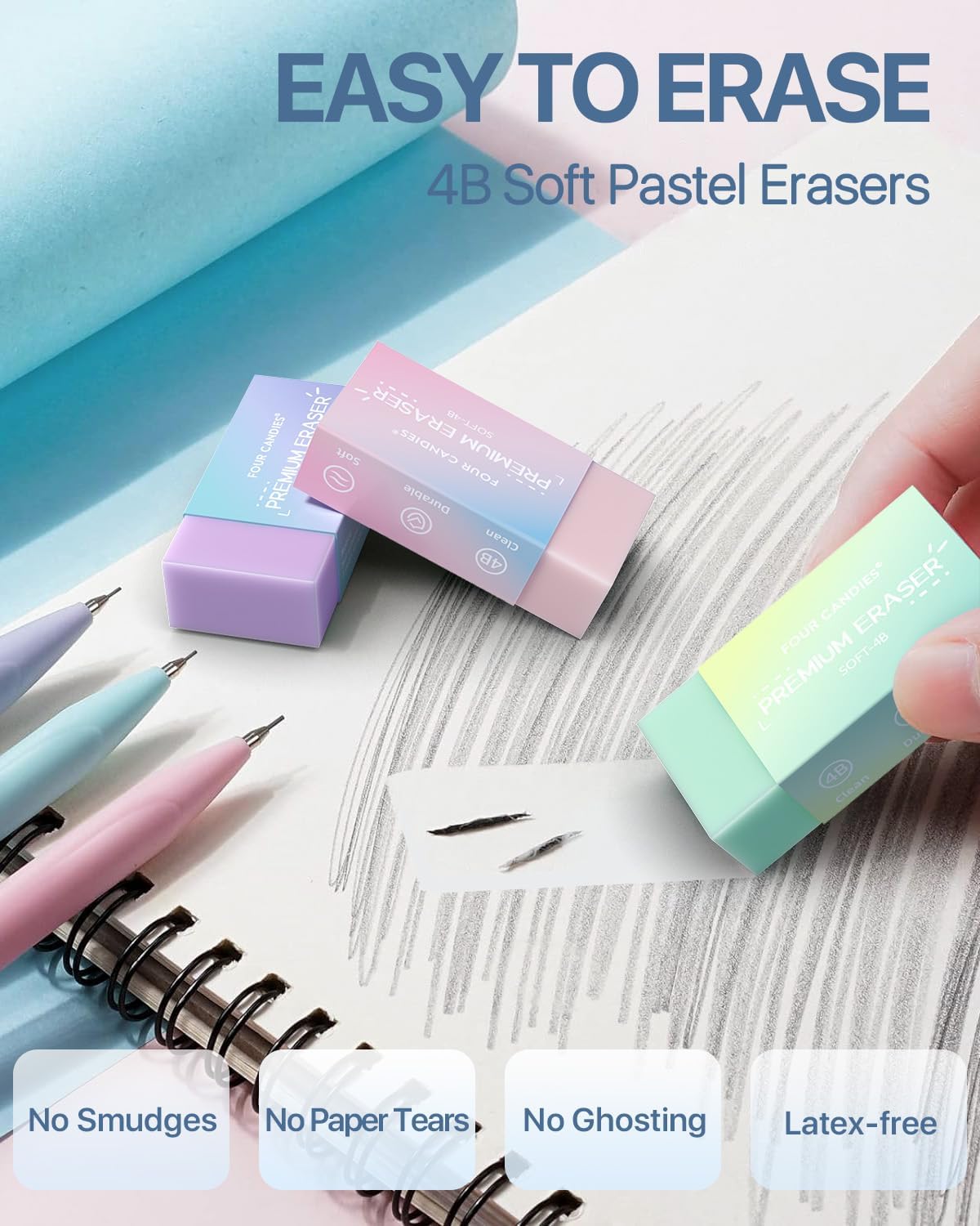 Detalle 2 de Four Candies 0.7mm Mechanical Pencils (HB & 2B) with Pastel Eraser Set – 16-count value pack