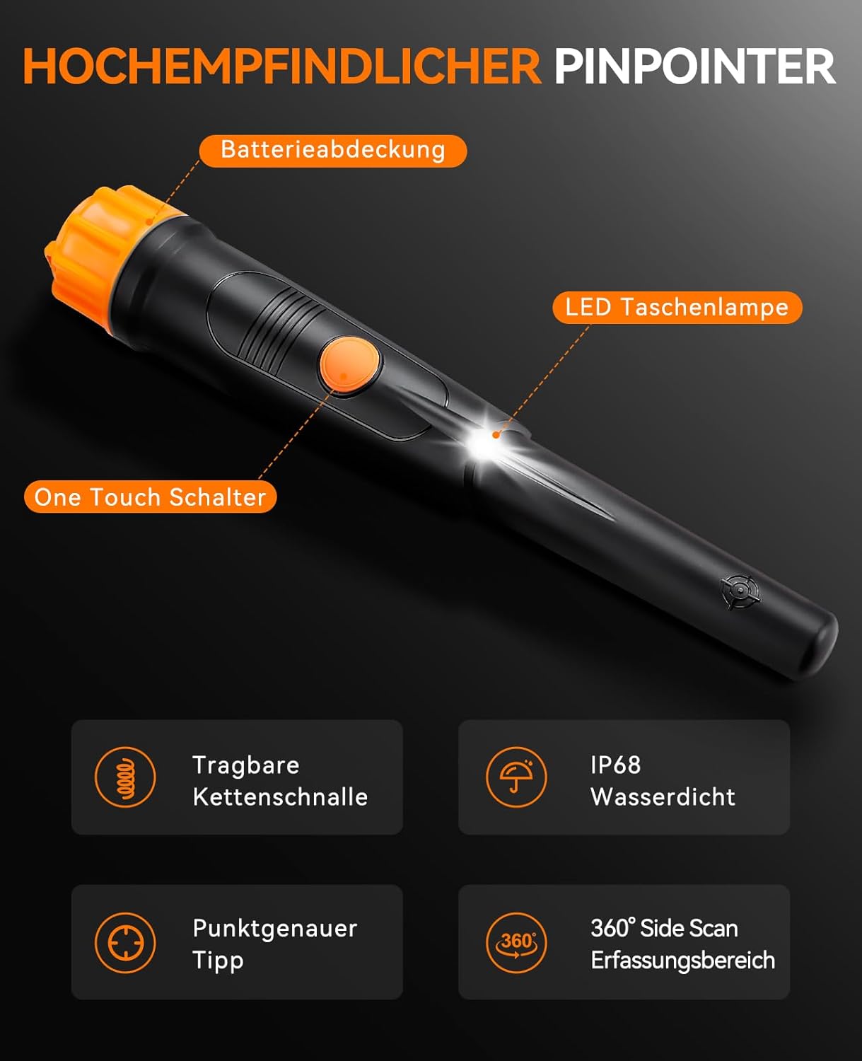 Thumbnail 1 de SUNPOW Metalldetektor Pinpointer (IP68, 360° Sonde) mit Gürtelholster – 3 Modi, Vibrations- und Audiobetrieb