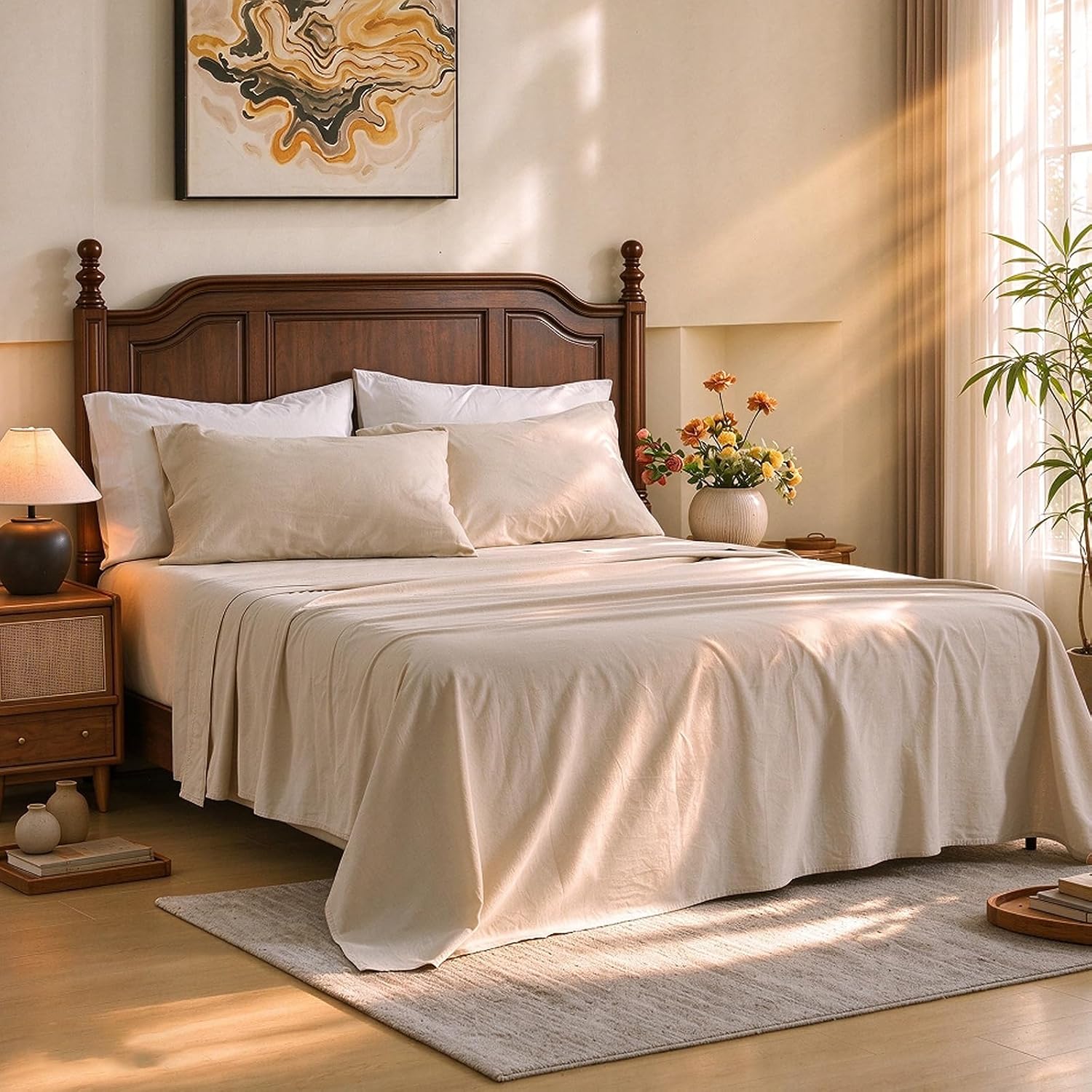 Detalle de MEISHANG 100% French Pure Linen Sheets Queen Size (4-Piece Set) with 16" Deep Pocket