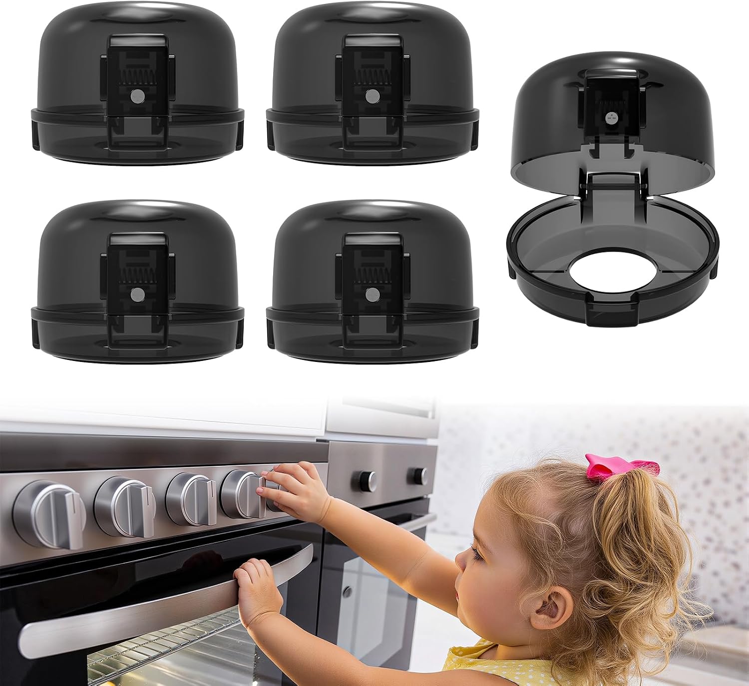 Detalle de BBsecure Stove Knob Covers--Balck Stove Safety Covers, 5-Pack, Dual-Button Lock