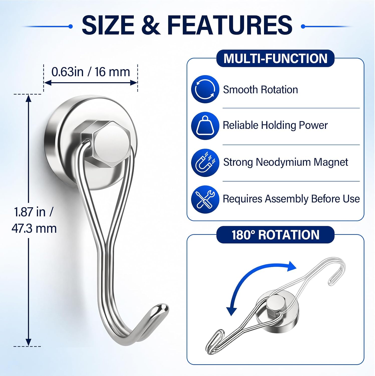 Detalle de FINDMAG magnetic hooks, 6-Pack Swivel Neodymium Hooks, 35 lb Vertical Hold