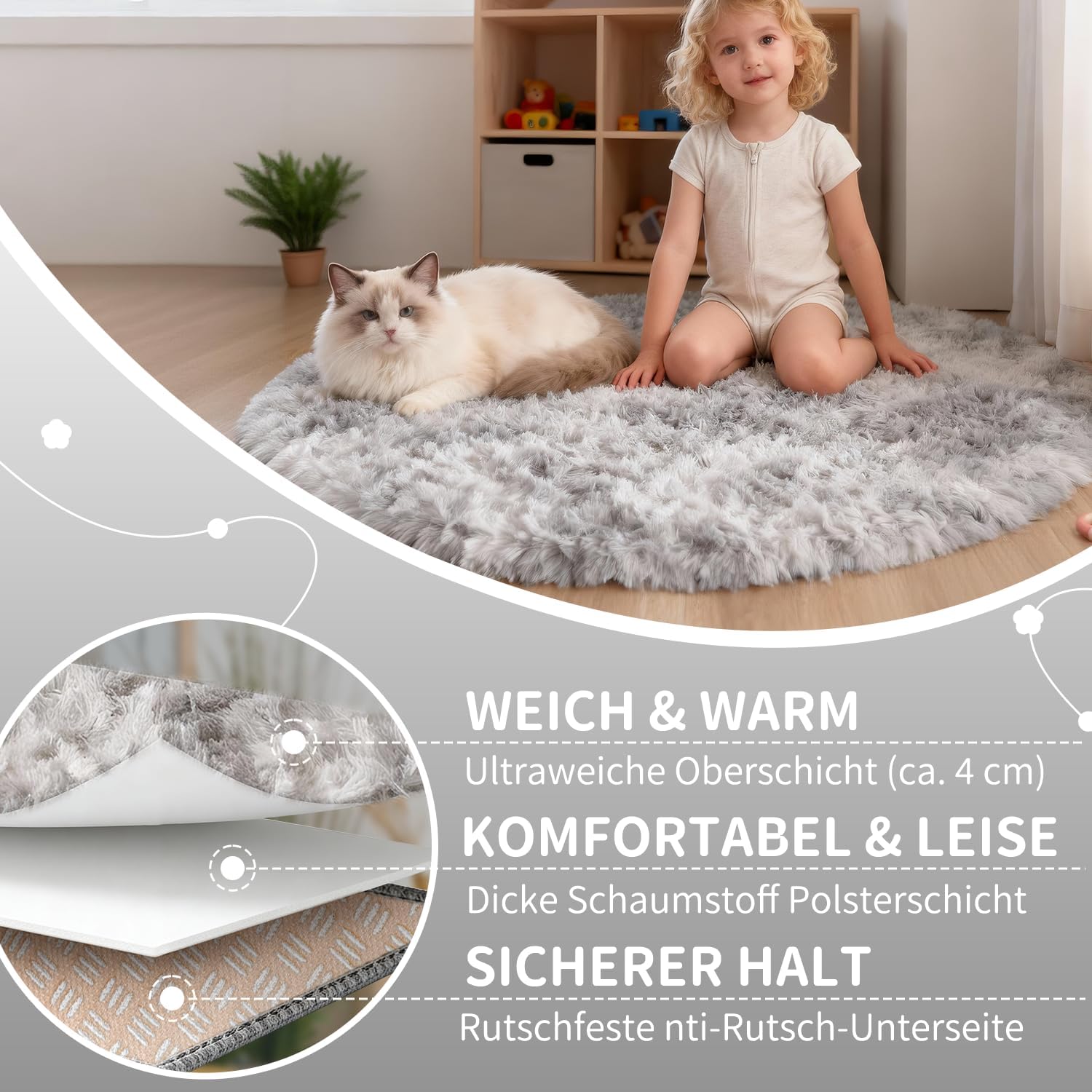 Thumbnail 6 de VOFUSHON runder Hochflor-Teppich 100 cm hellgrau – waschbar, rutschhemmend für Kinderzimmer