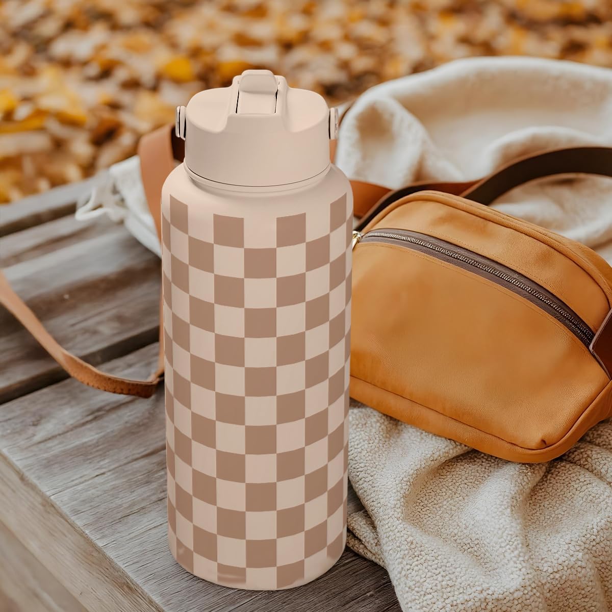 Thumbnail 6 de Checkerboard Water Bottle 32oz Stainless Steel with Lid & Straw (Beige Checker) — Insulated Sports Bottle