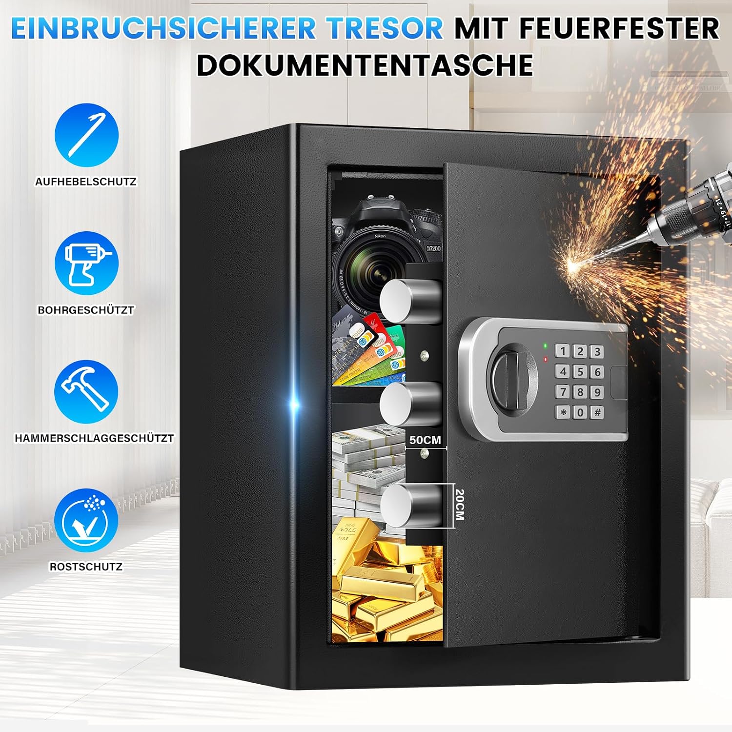 Detalle de 50L großer Home-Safe Tresor mit Feuer- und Wasserschutz, Zahlenschloss & Alarm