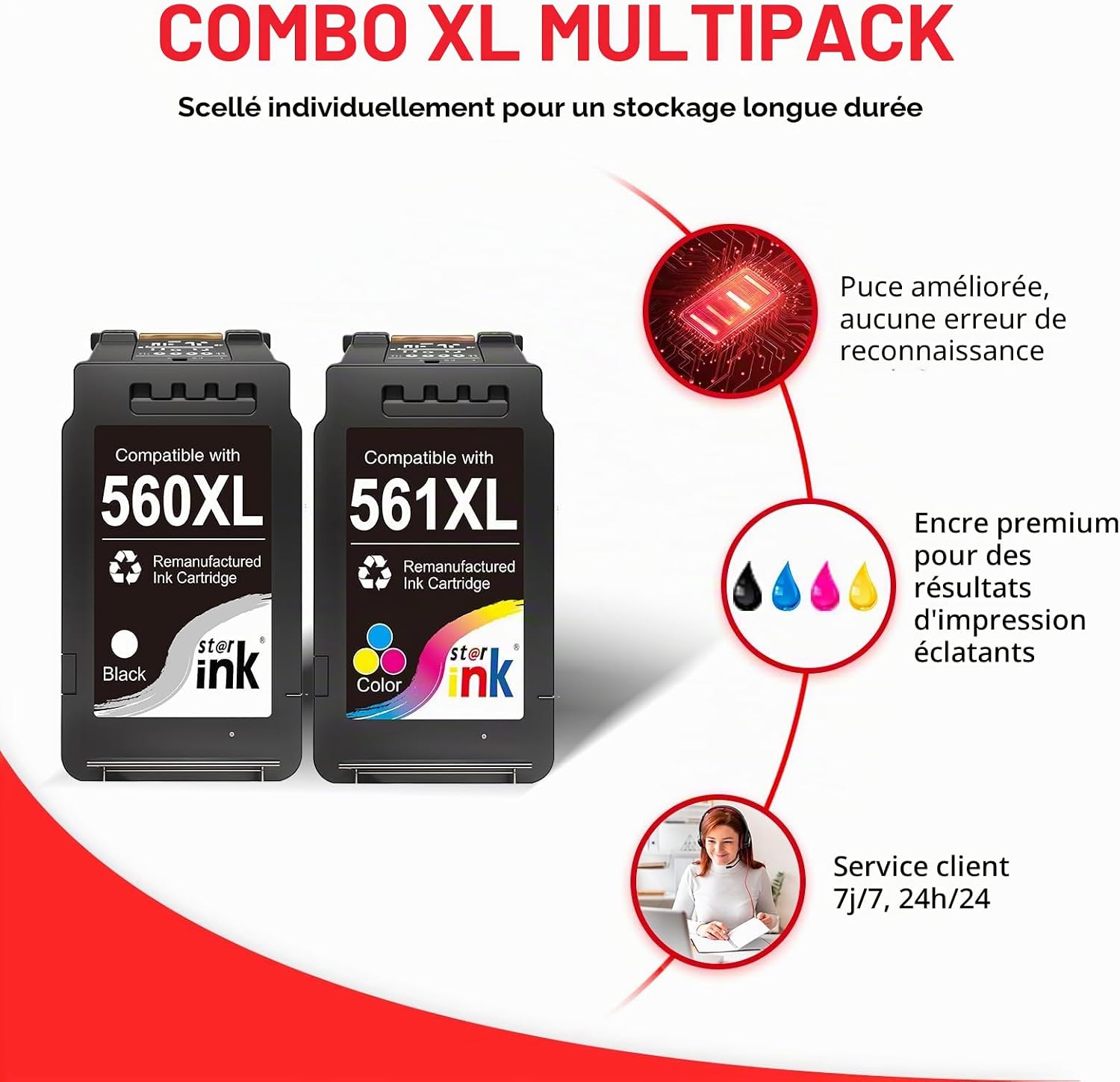 Detalle de Starink PG-560/CL-561 XL Lot de 2 Cartouches d’encre compatibles Canon (1 Noir + 1 Couleur) – Pour Pixma TS5350/TS7450 et dérivés
