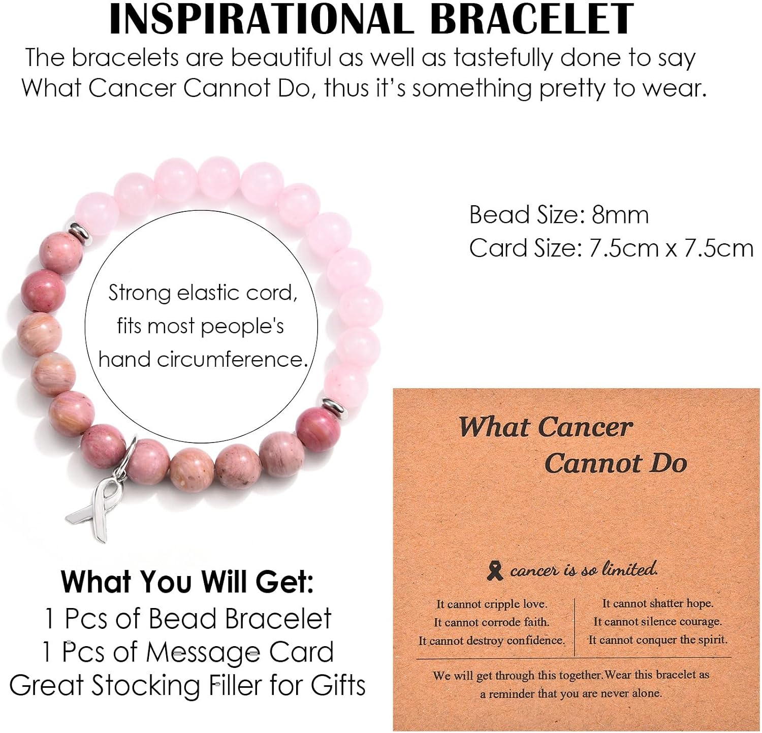 Thumbnail 1 de CERSLIMO Breast Cancer Care Bracelet for Women – Natural Stone Bead Bracelet with Inspirational Message Card