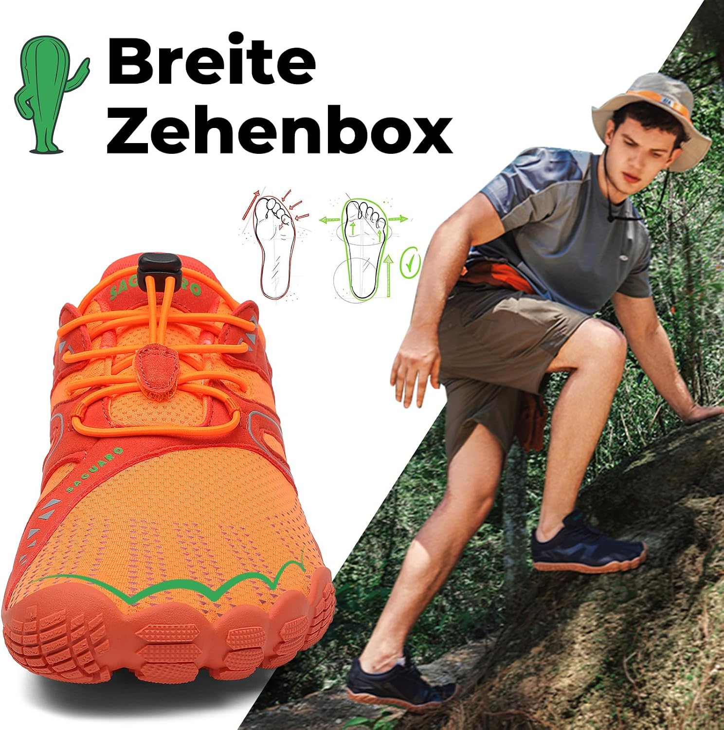 Detalle de SAGUARO Unisex Barfußschuhe Outdoor – Zero-Drop Zehenschuhe für Trail und Alltag, Gr. 36–48