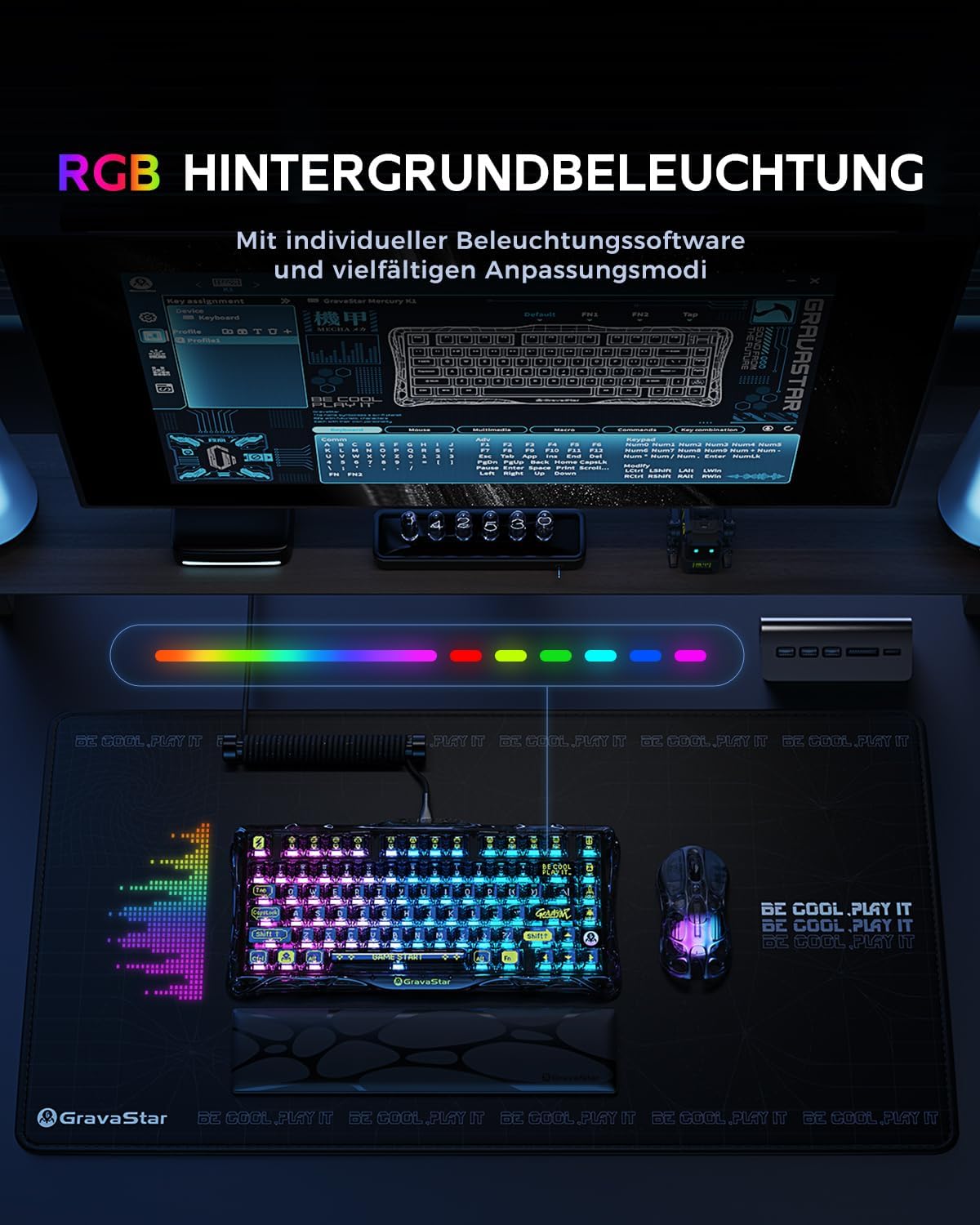 Detalle de GravaStar Mercury K1 Lite 75% Gaming-Tastatur (Hot Swap, RGB, BT 5.0/2,4 GHz, USB-C) – QWERTY