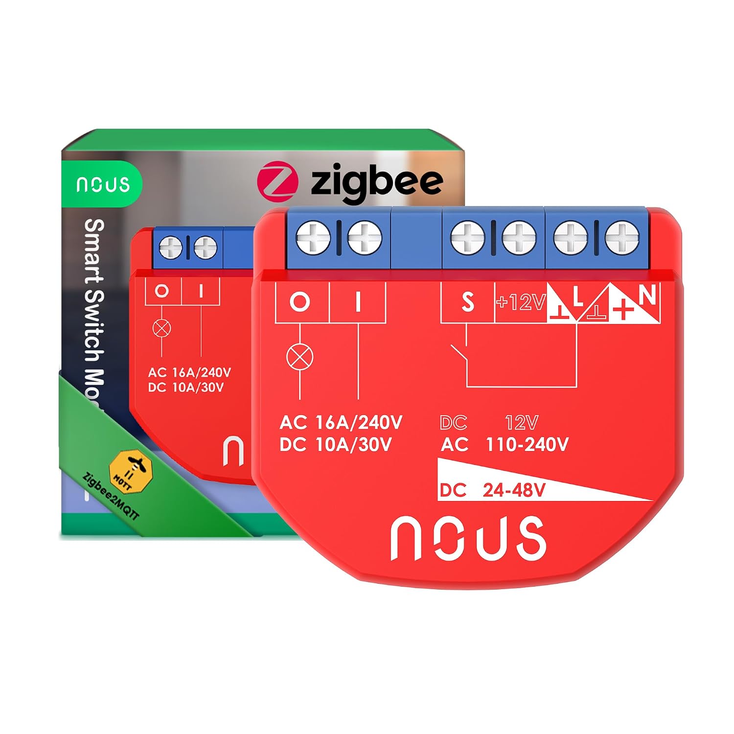 Detalle de NOUS B2Z ZigBee-modul med effektmätning, torrkontakter och en kanal
