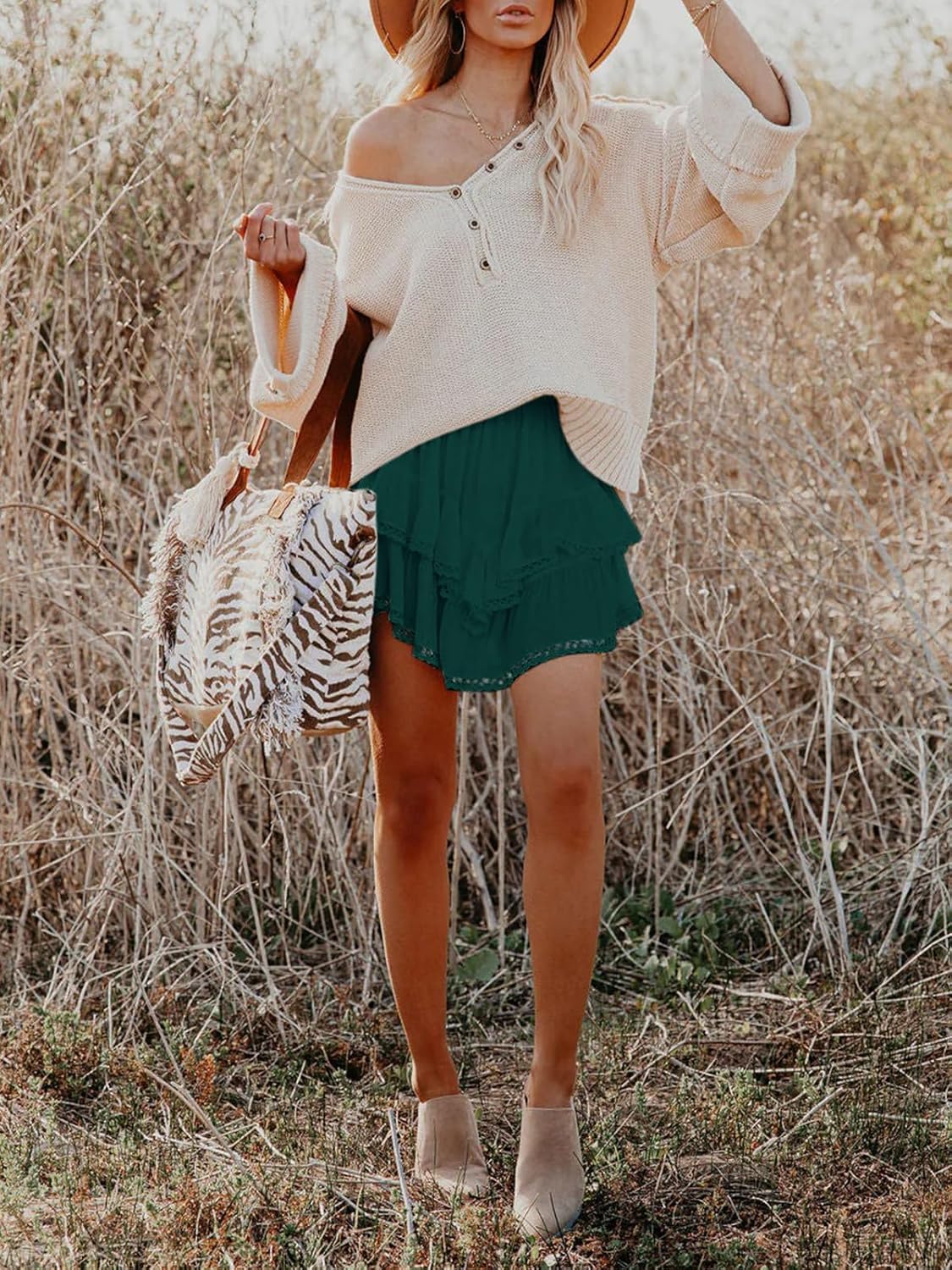 Thumbnail 2 de Aoudery Flowy Shorts for Women Boho Ruffle Tiered Skorts — High-Waist Crochet Double-Layer