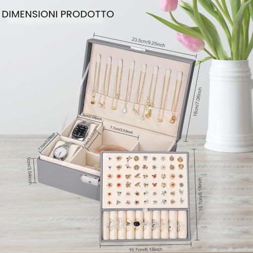 Detalle de Sofore Portagioie Donna 2 Strati in Pelle PU Grigio – Porta Gioielli Grande e Sicuro