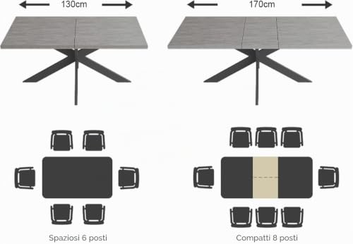 Thumbnail 6 de JIEXI Set tavolo da pranzo allungabile con 6 sedie: 130-170 cm, piano MDF grigio e base a X, sedie imbottite in flanella nera