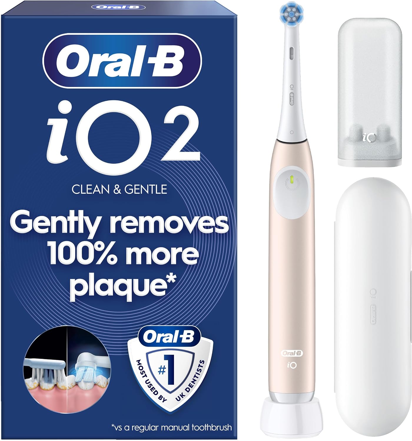 Detalle de Oral-B iO2 electric toothbrush (Calm Pink) with Gentle Care head, travel case and 2-pin plug