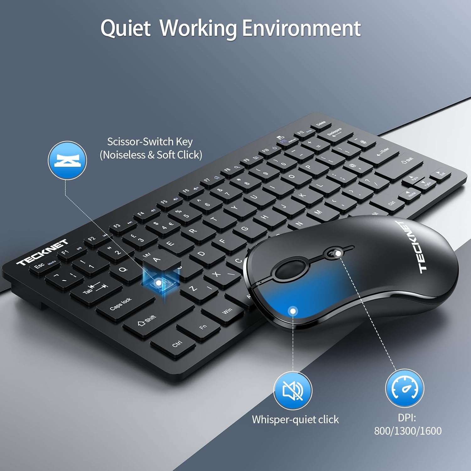Detalle de TECKNET Mini Wireless Keyboard and Mouse Set 12 Multimedia Shortcuts