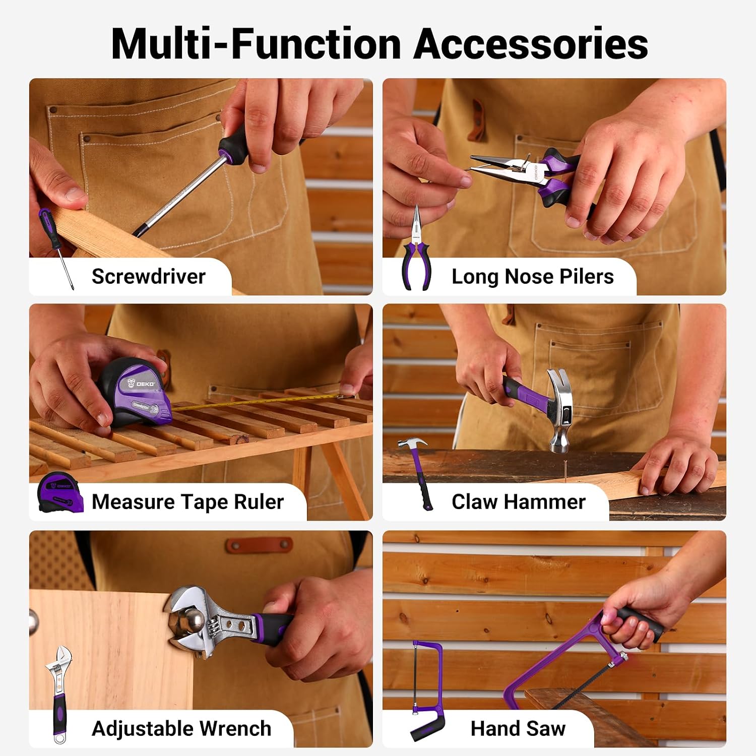 Detalle de DEKO Set di attrezzi da 238 pezzi con trapano a batteria 12 V, viola: kit completo per lavori domestici