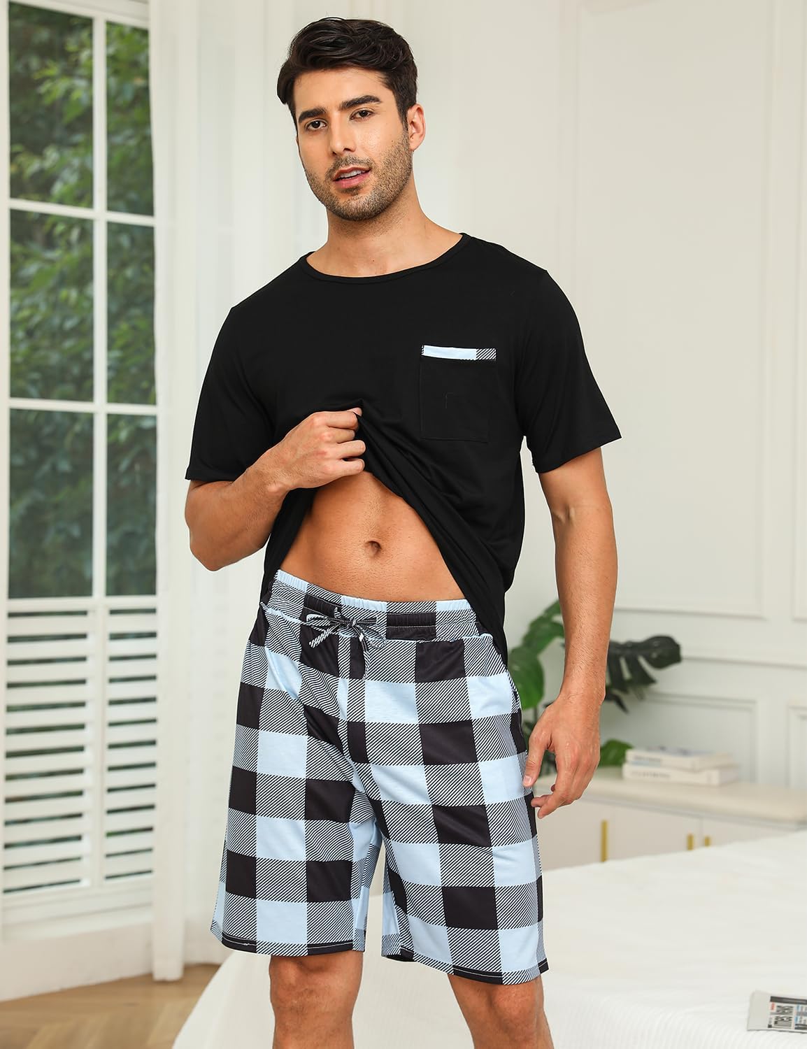 Detalle de SPKPKEY 2026 Neuer Paar-Pyjamas Baumwoll-Loungewear-Set Kurzarm-Oberteil & Shorts – Weiche Schlafmode