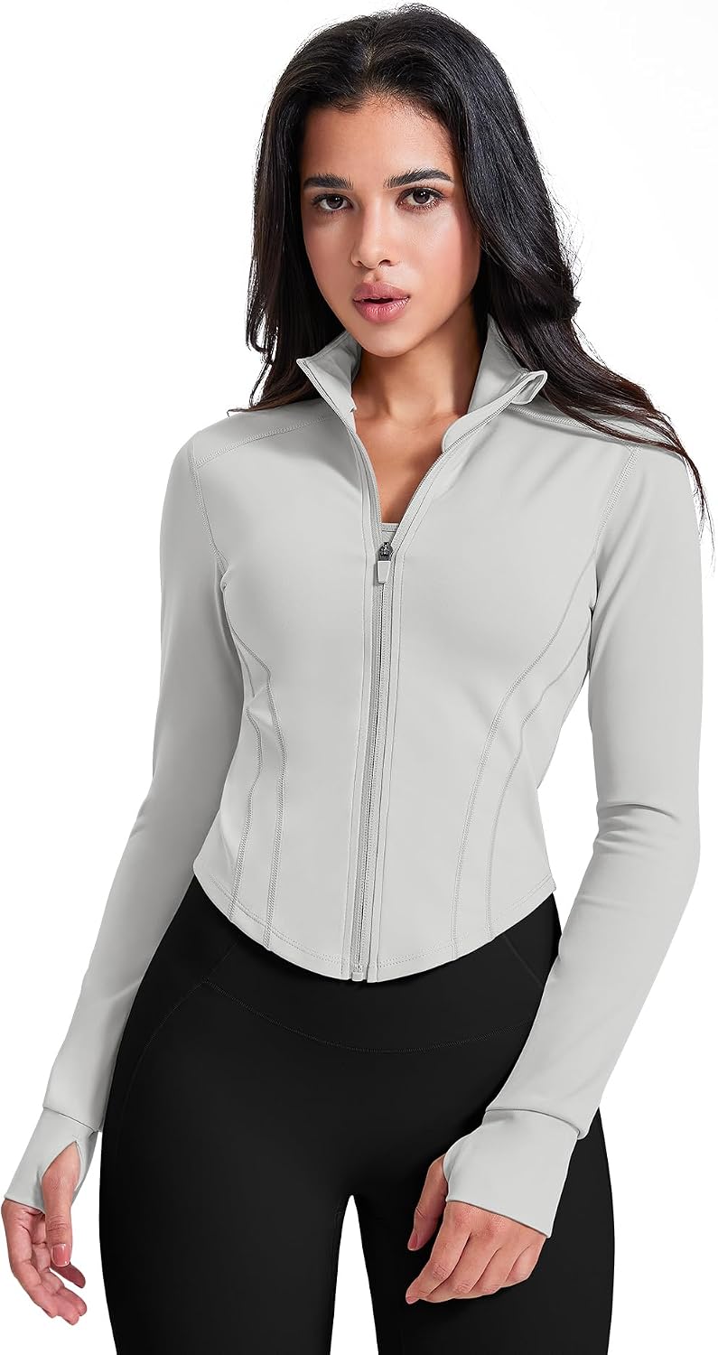Detalle de AVGO Cropped Workout Jacket for Women, Full Zip, Thumb Holes and Curved Hem