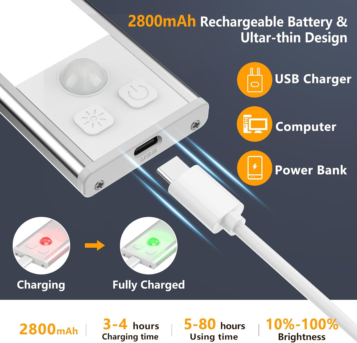 Detalle de OUILA Schrankbeleuchtung LED mit Bewegungsmelder – 2er-Set, Unterbauleuchte 41 cm, USB-C, dimmbar