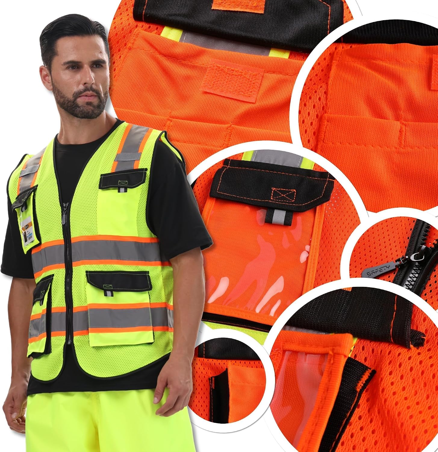 Detalle de JKSafety JK220 Safety Vest, Orange Small Mesh with Reflective Strips and Pockets