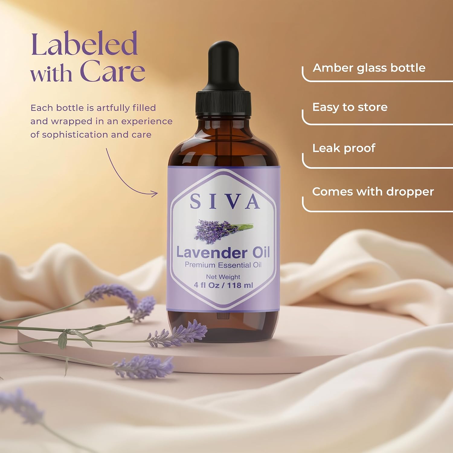 Detalle 2 de SIVA Lavender Essential Oil, 4 fl oz Amber Glass Bottle with Dropper