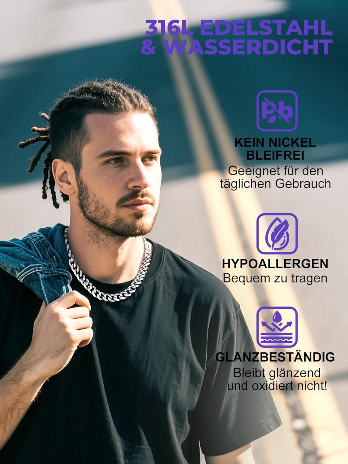 Thumbnail 3 de Richsteel Herren Halskette klassische Panzerkette in Platin, 12 mm breit (Cuban Chain) aus Edelstahl