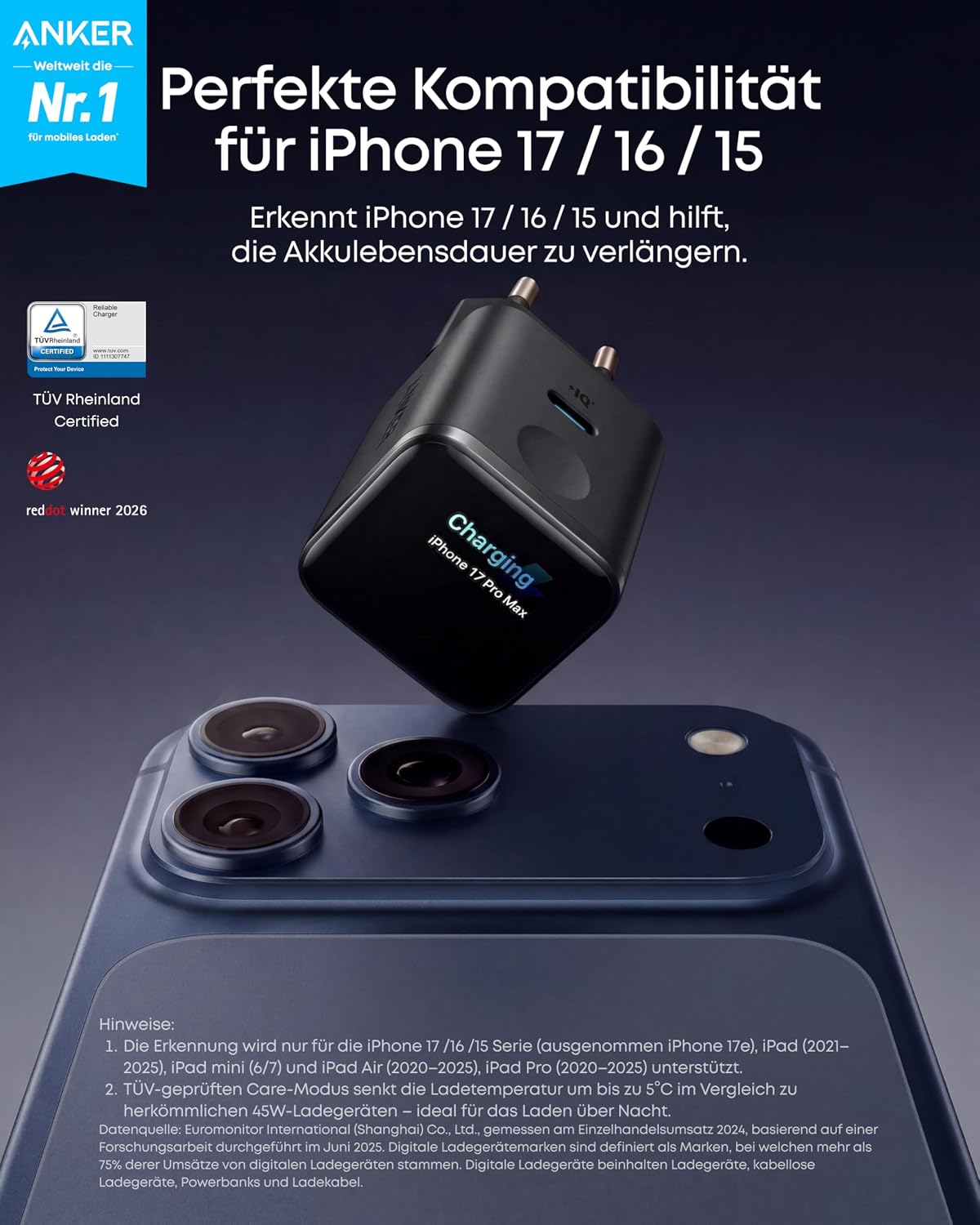 Detalle de Anker Nano 45W Smart-Ladegerät (USB‑C) mit Display, iPhone-Erkennung und Schonmodus