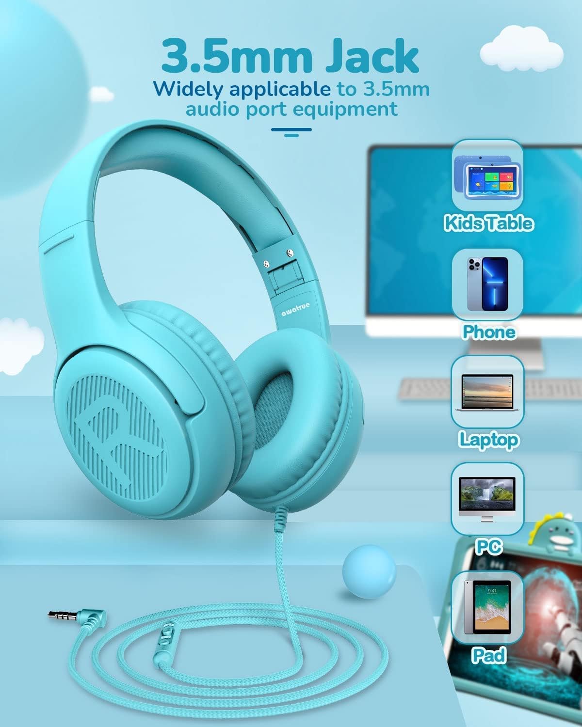 Thumbnail 5 de awatrue Kinder-Kopfhörer (Over Ear) mit Mikrofon & Lautstärkebegrenzer 85/94 dB – kabelgebunden, faltbar