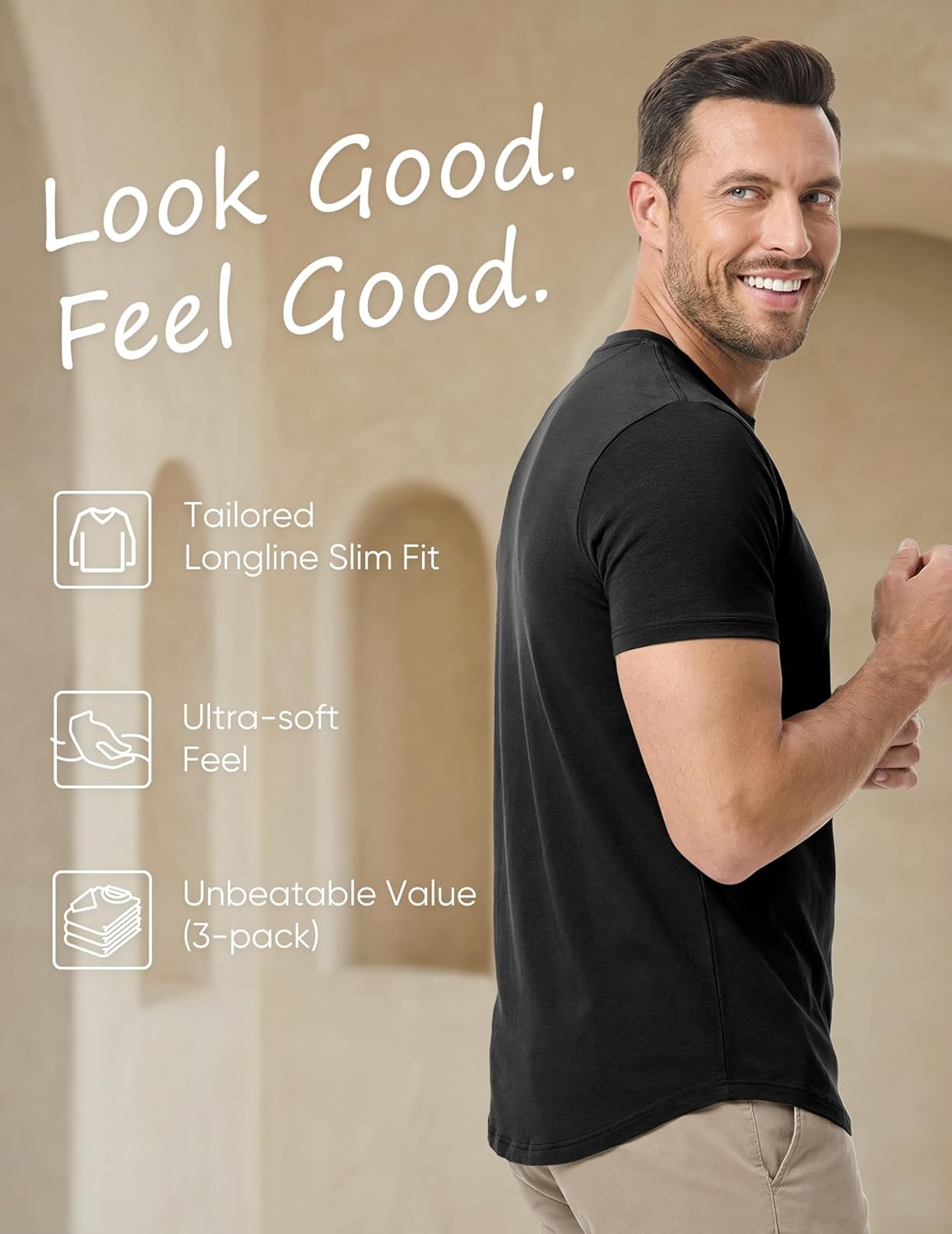 Thumbnail 4 de JMIERR Mens 3-Pack Cotton Hipster Longline Crewneck T-Shirts