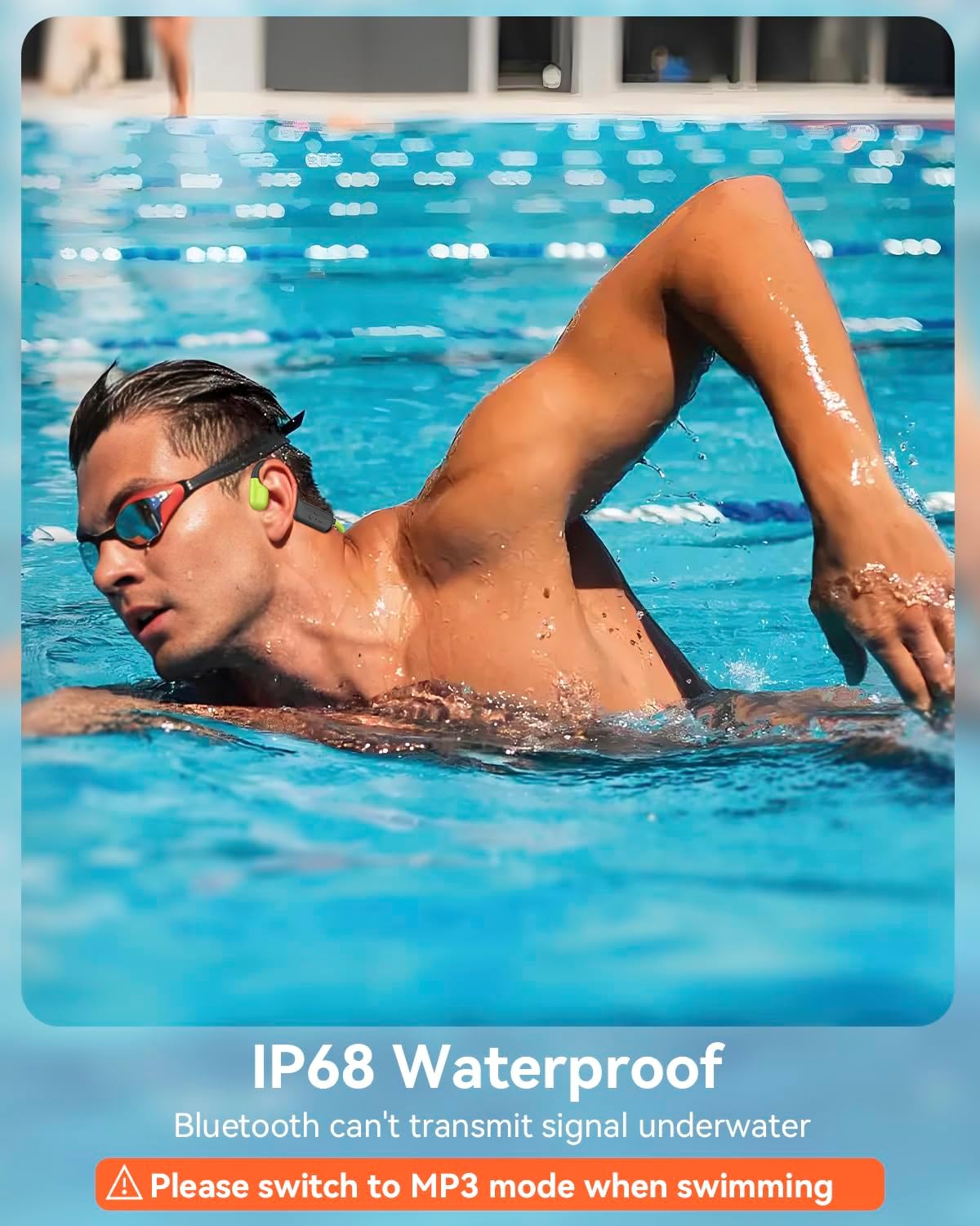 Detalle de MONODEAL Kopfhörer Schwimmen IP68 – Knochenschall, Open-Ear, 8 GB MP3-Speicher, Bluetooth 5.4