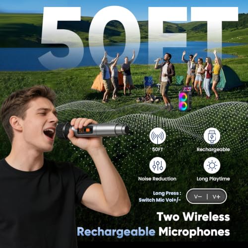 Detalle de Peski Karaoke Machine for Adults & Kids — 15W Portable Bluetooth PA System with 2 Mics, TWS, LED Lights, 10H Battery