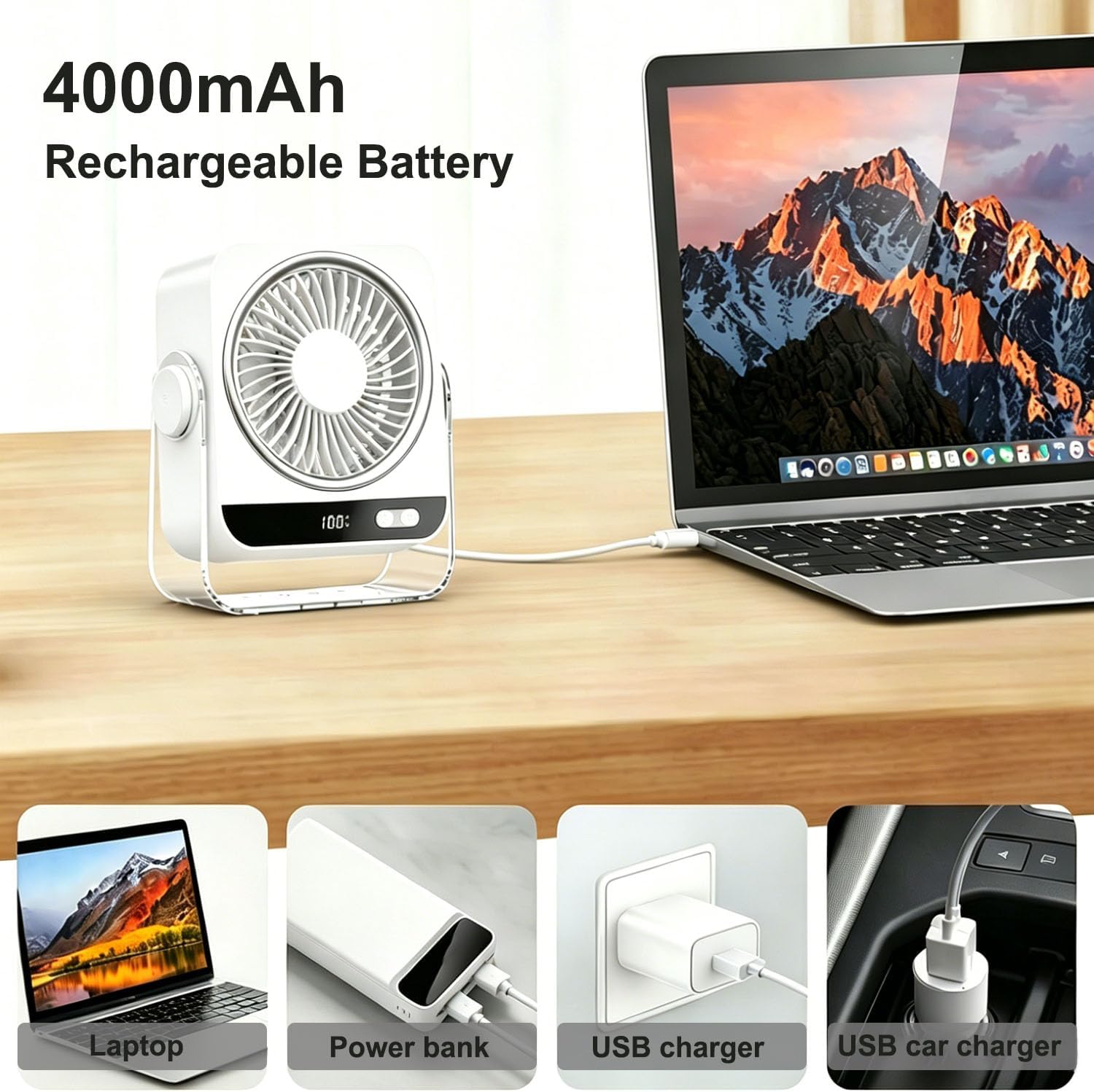 Detalle de FGHB USB Desk Fan: Portable 5-Speed Mini Desktop Fan with 180° Rotation and 4000mAh Battery