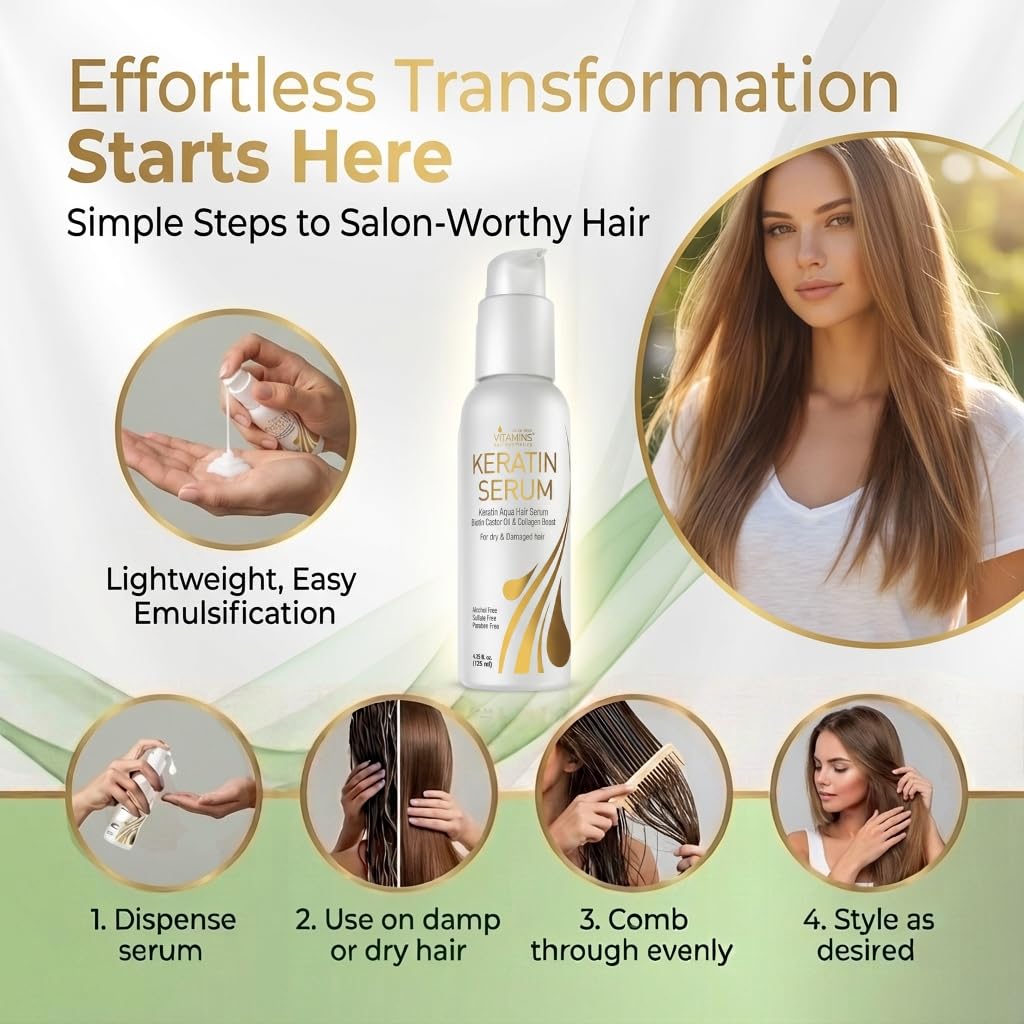 Detalle de VITAMINS hair cosmetics Keratin Hair Serum Oil (4.25 fl oz) for Frizzy, Dry, Damaged Hair