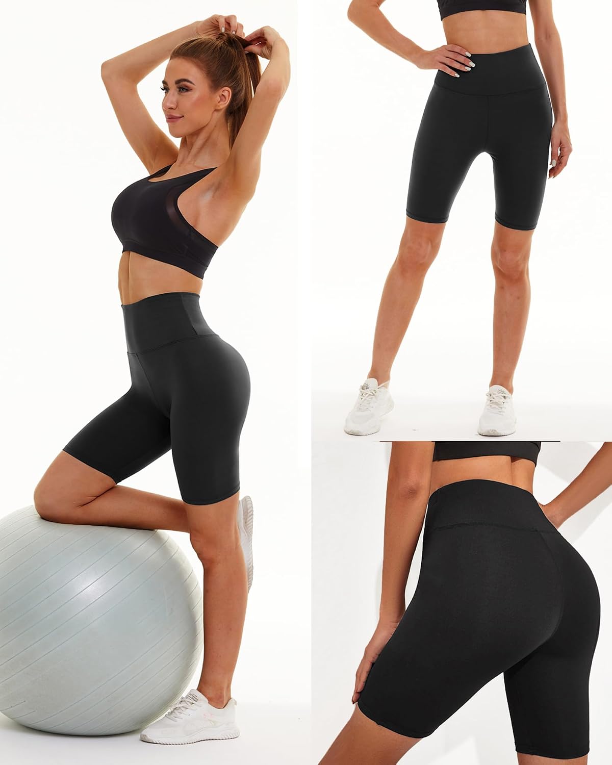 Detalle de Yolix 3-Pack Women’s 8" Biker Shorts with High Waist Tummy Control (Black)